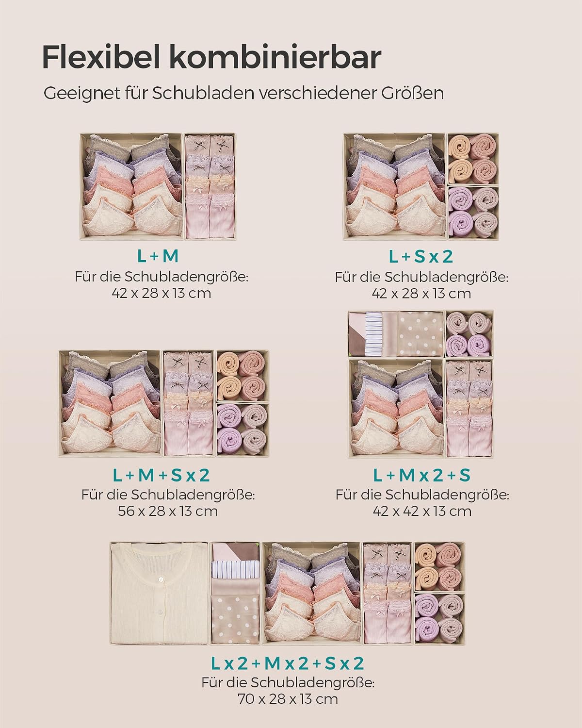 Detalle de SONGMICS Aufbewahrungsbox für Schublade – 12er Set, Faltboxen aus Stoff RDZ006Y02 (sandbeige)