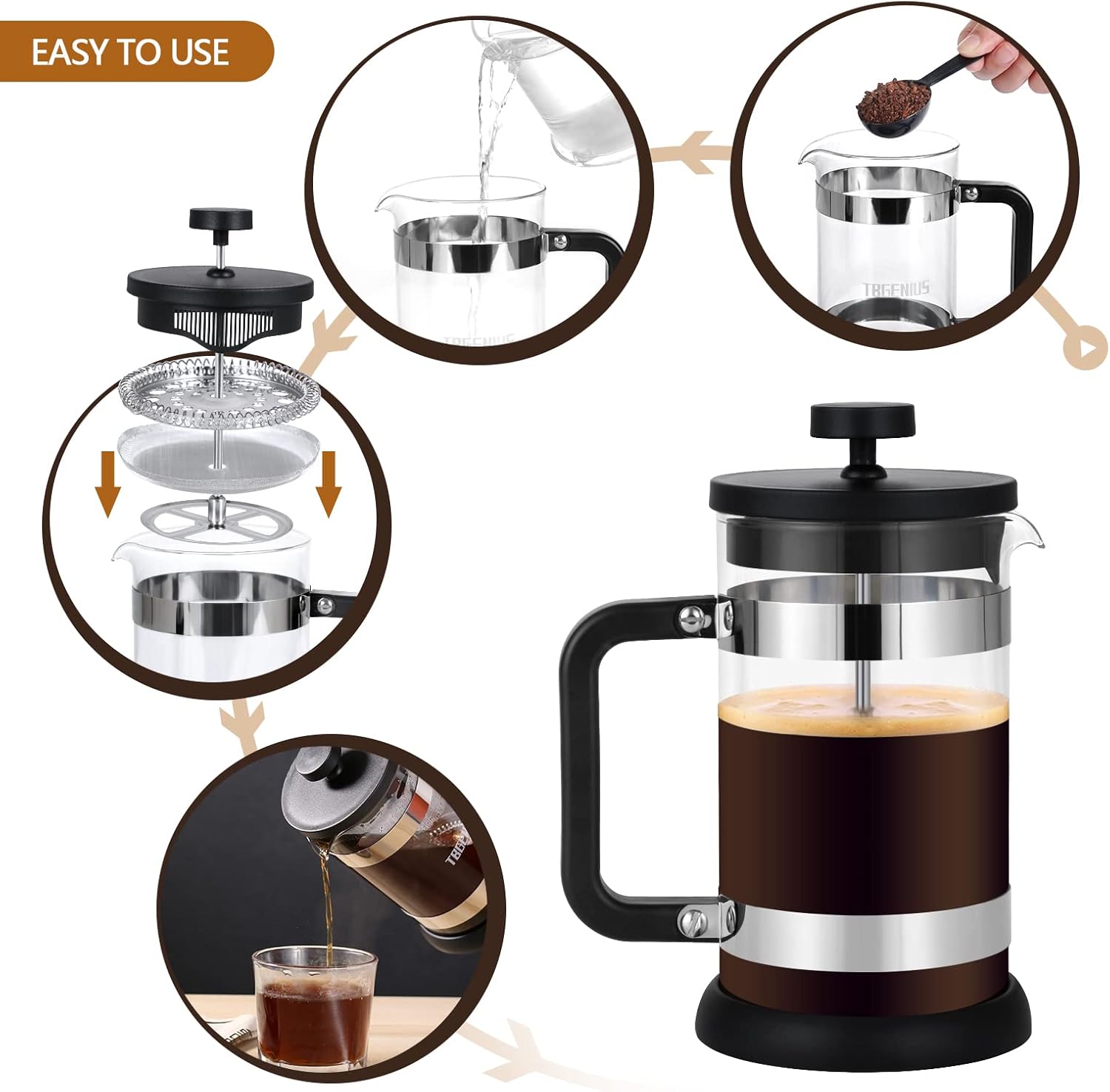 Detalle de TBGENIUS 4 Cup Cafetiere 0.6L French Press
