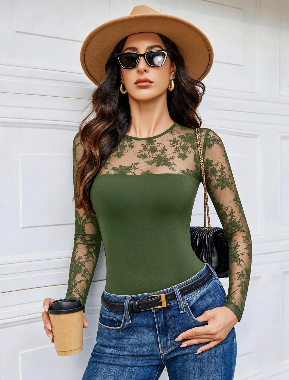 Detalle 2 de Avidlove Long Sleeve Lace Bodysuit for Women, Crew Neck