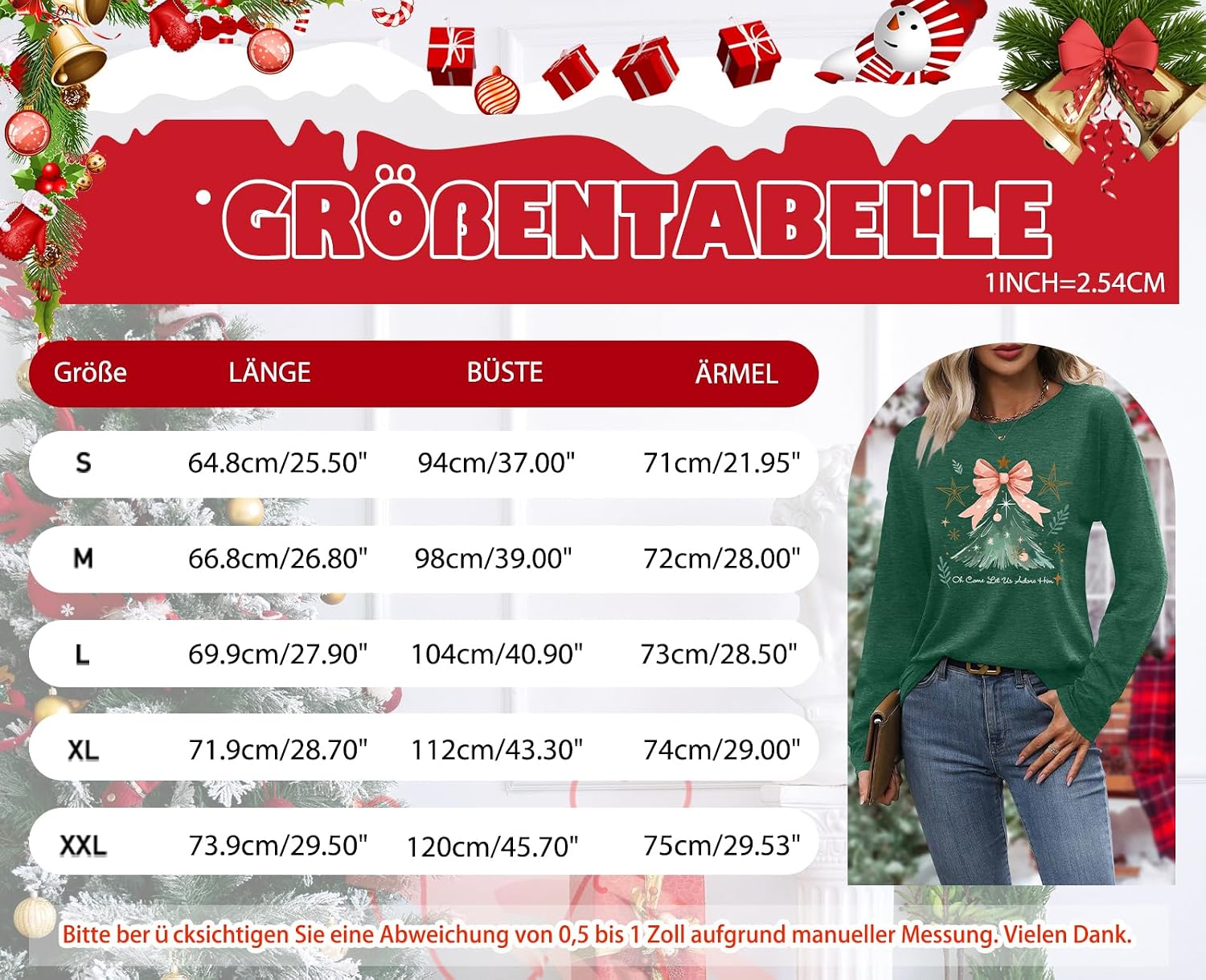 Detalle de tiorhooe Weihnachtsshirt Damen Langarm 2025 – lustiges Christmas-Shirt mit Tannenbaum-Druck