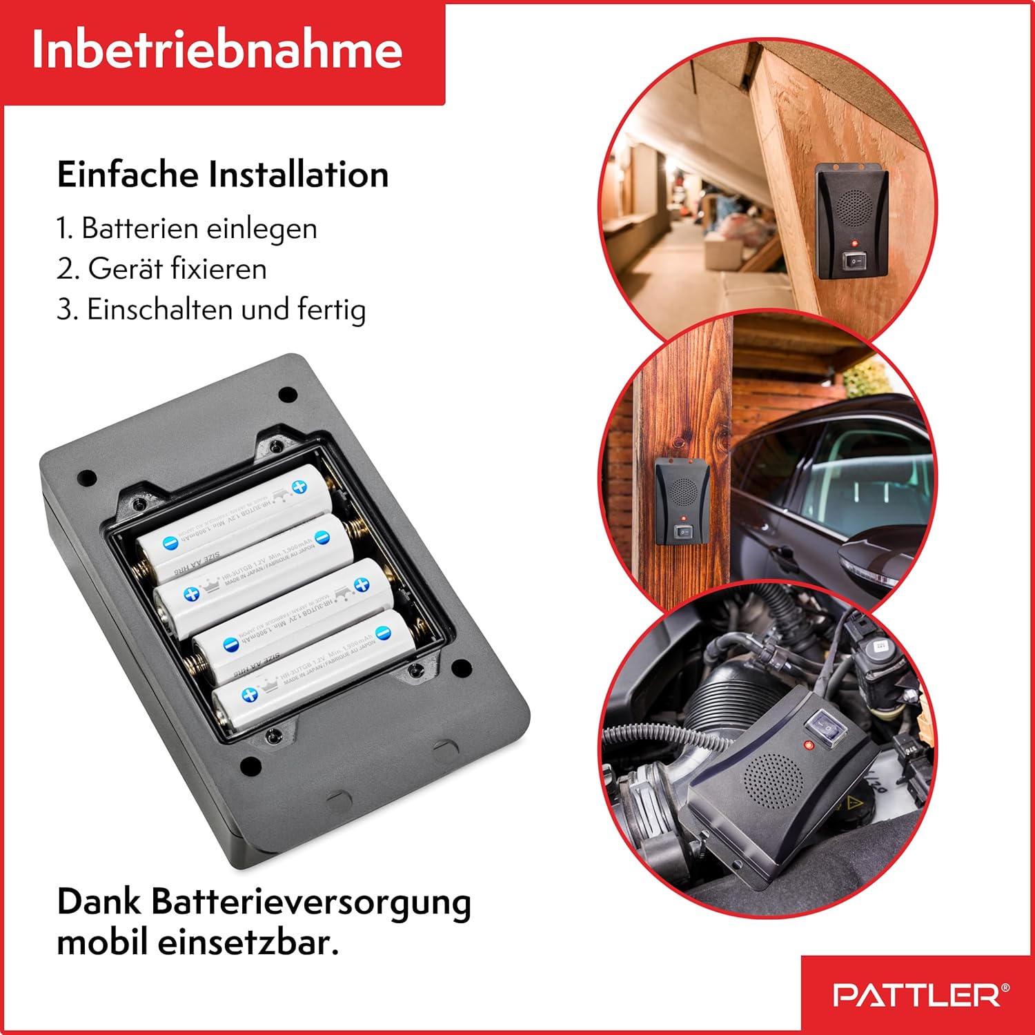 Detalle de PATTLER® Marderschreck Auto batteriebetrieben – Ultraschall & Anti-Gewöhnungseffekt für ca. 40 m²