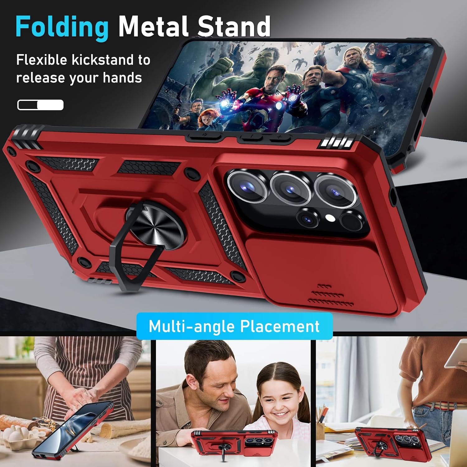 Thumbnail 1 de Janmitta Heavy-Duty Case for Samsung Galaxy S26 Ultra with Built-in Slide Camera Lens Cover, Screen Protector, and Kickstand – 2026 Red