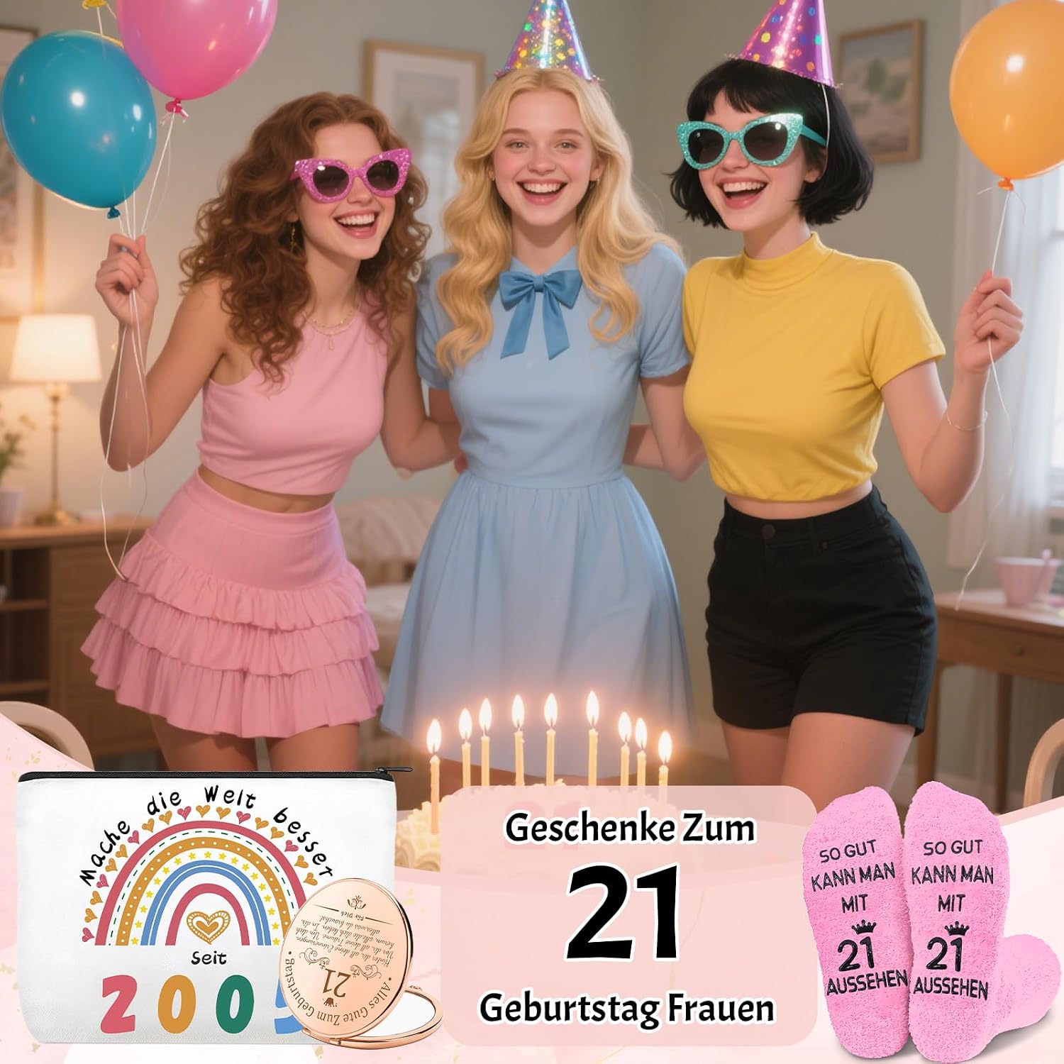 Thumbnail 5 de Shining She 21 Geburtstag Geschenk Set für Frauen – 2005 Geschenkideen mit Kosmetiktasche, Schlüsselanhänger, Spiegel und rosa Socken