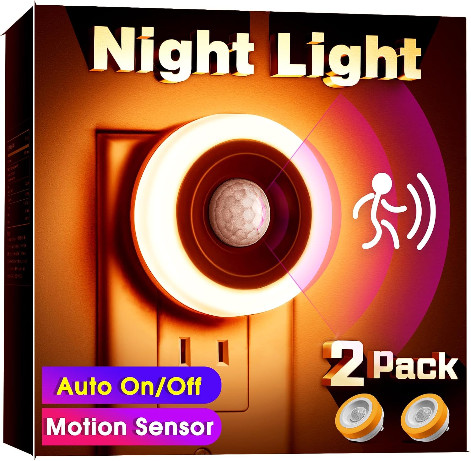 Detalle de Briignite BX002 Motion Sensor Night Lights, 2-Pack Amber 0.6W LED