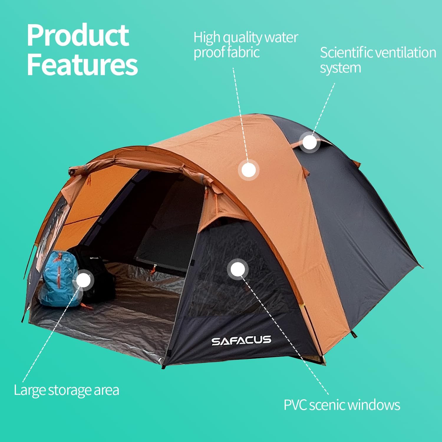 Thumbnail 1 de SAFACUS 3-4 Person Dome Tent: Double Layer, Full Waterproof, Easy Setup for Outdoors