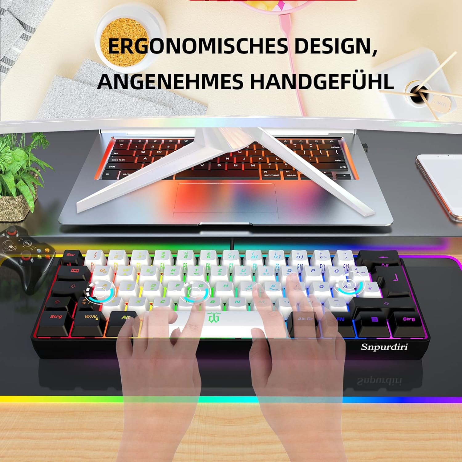 Thumbnail 5 de Snpurdiri 60% Percent Gaming-Tastatur (schwarz/weiß, deutsches Alphabet, ohne Ziffernblock)