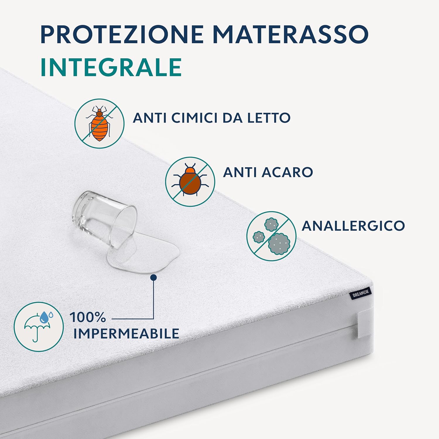 Thumbnail 1 de Dreamzie Coprimaterasso Singolo Impermeabile 90x200x28 cm con Chiusura a Zip a forma di L per Allergici