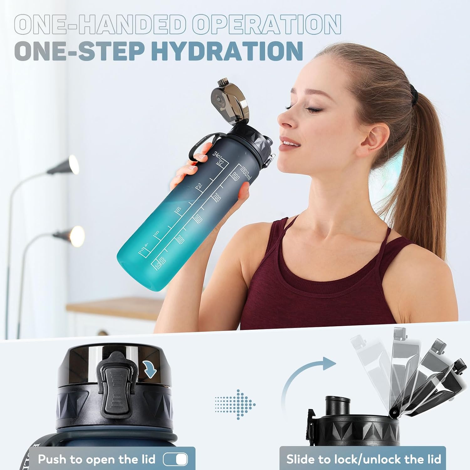 Detalle de FULDENT Trinkflasche 1L Sport Wasserflasche (BPA-frei) mit gummiertem Grip – für Fahrrad, Outdoor, Schule & Gym