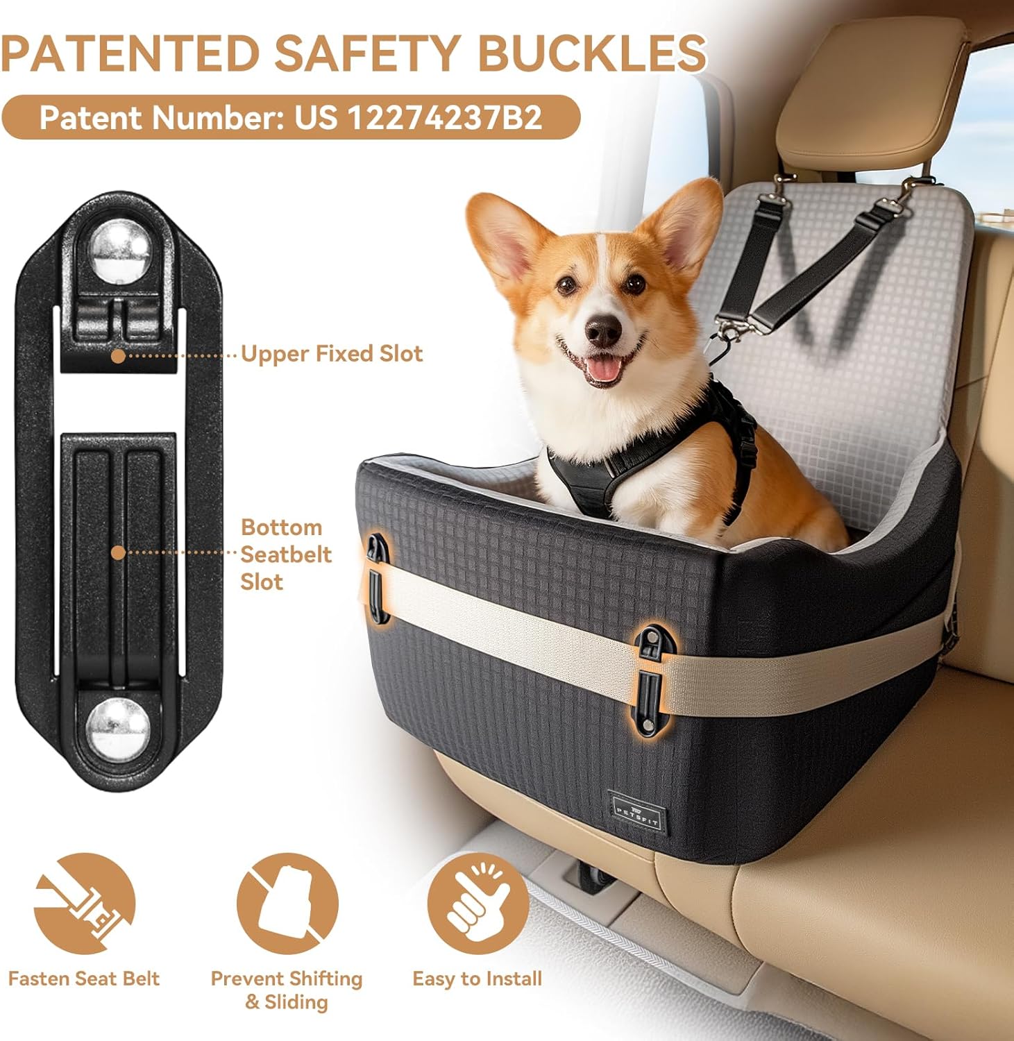 Detalle de PETSFIT Dog Car Seat for Small Dogs up to 35 lbs with Patented Safety Buckle System (Black & Grey)
