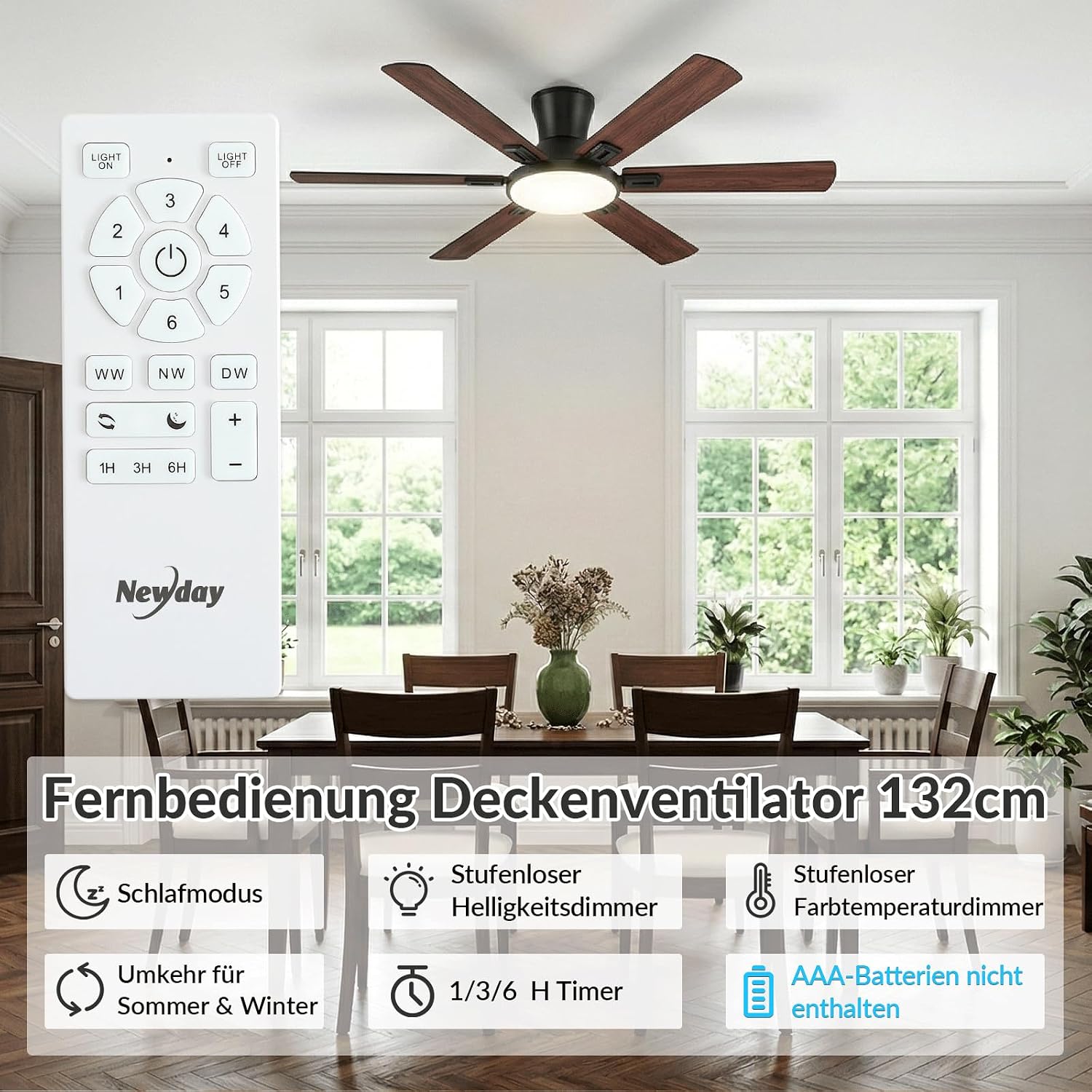 Thumbnail 6 de Newday Deckenventilator Flach Holz 132 cm – leise DC-Motor, dimmbares LED-Licht, 6 Flügel, Fernbedienung