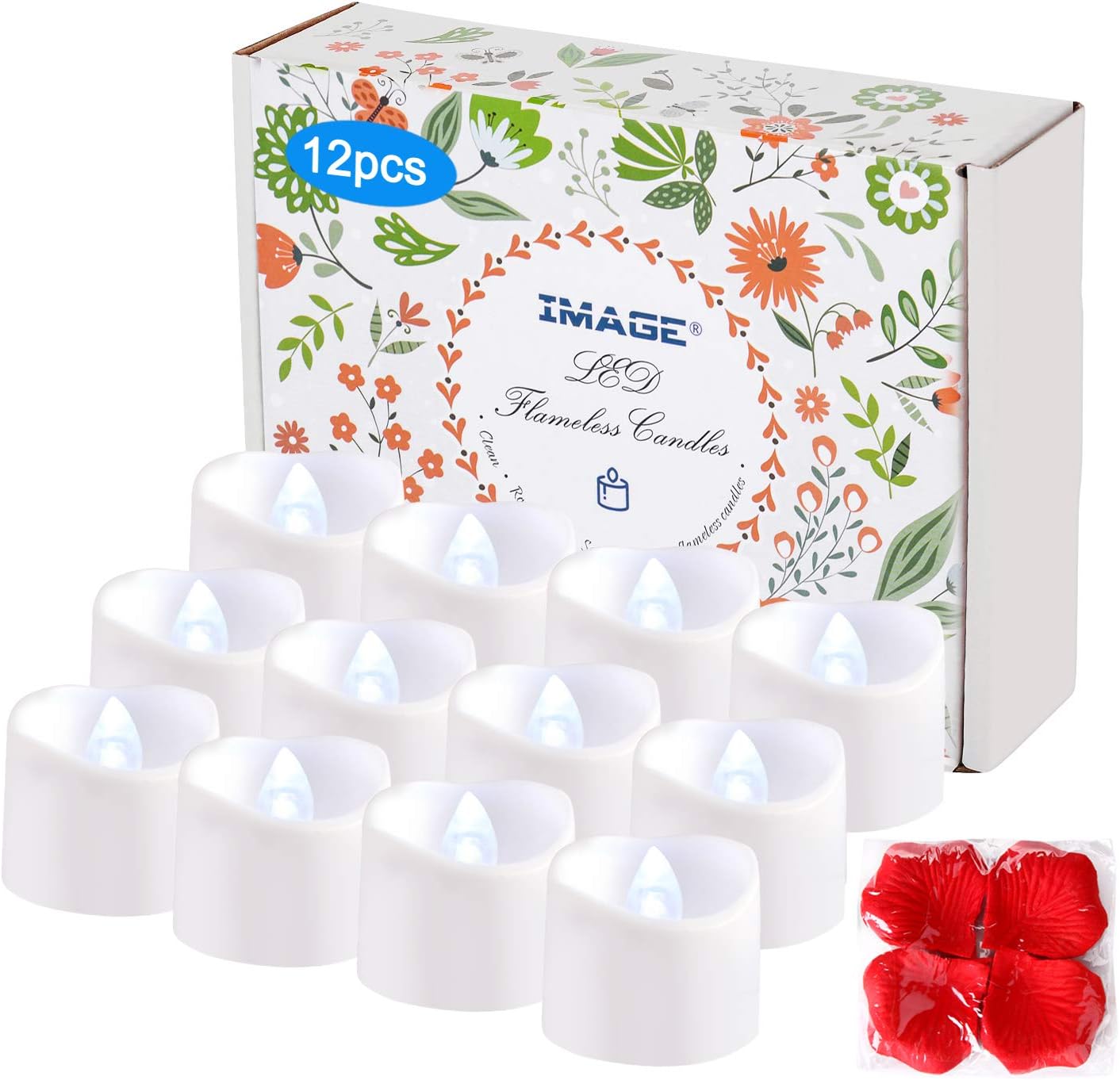 IMAGE LED Tea Lights (12 pack) with Timer & Flicker + 100 Fake Rose Petals
