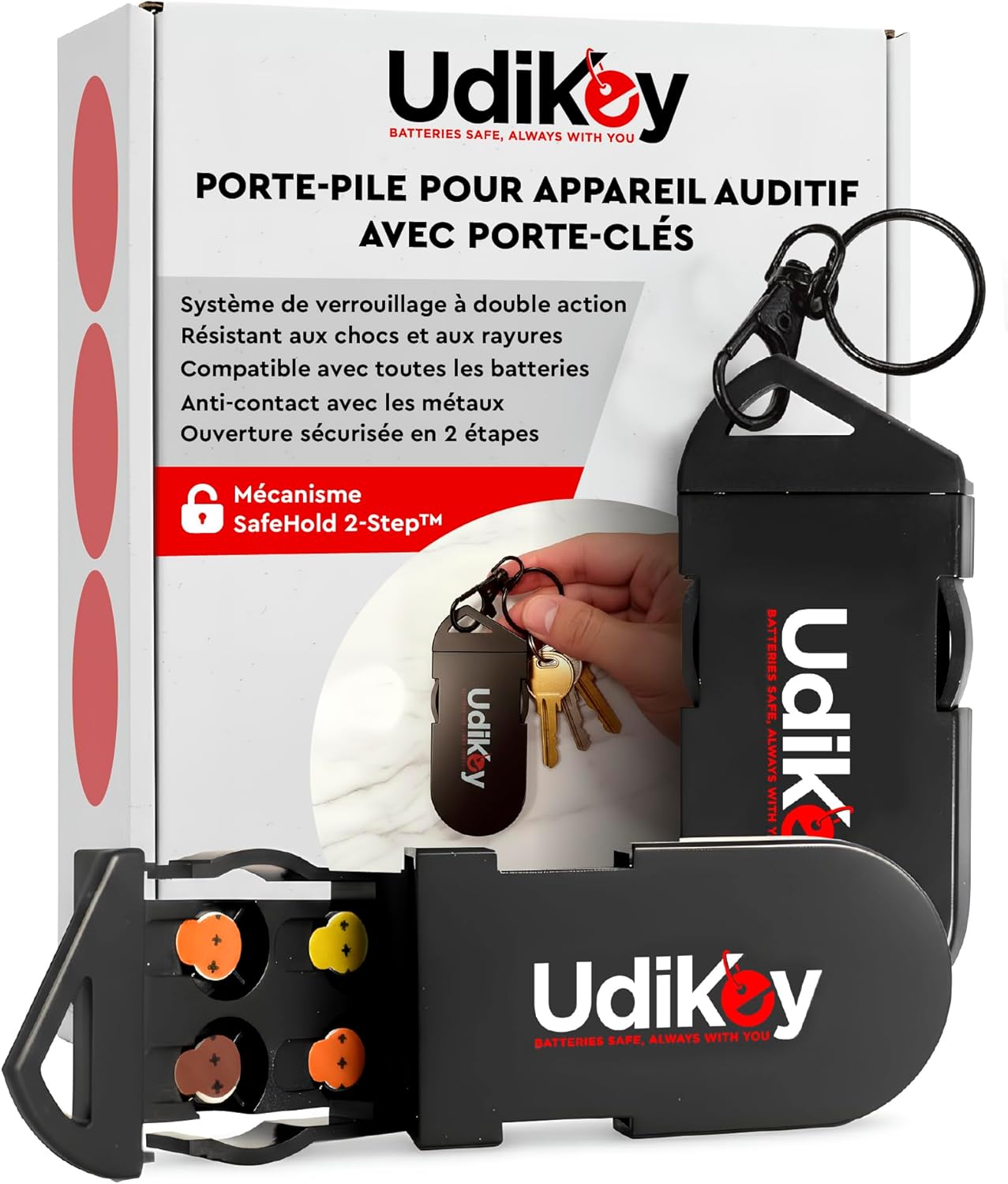 Boîte de rangement porte-clés pour piles d’appareils auditifs UdiKey (coque compacte rigide antichoc) – 6 compartiments
