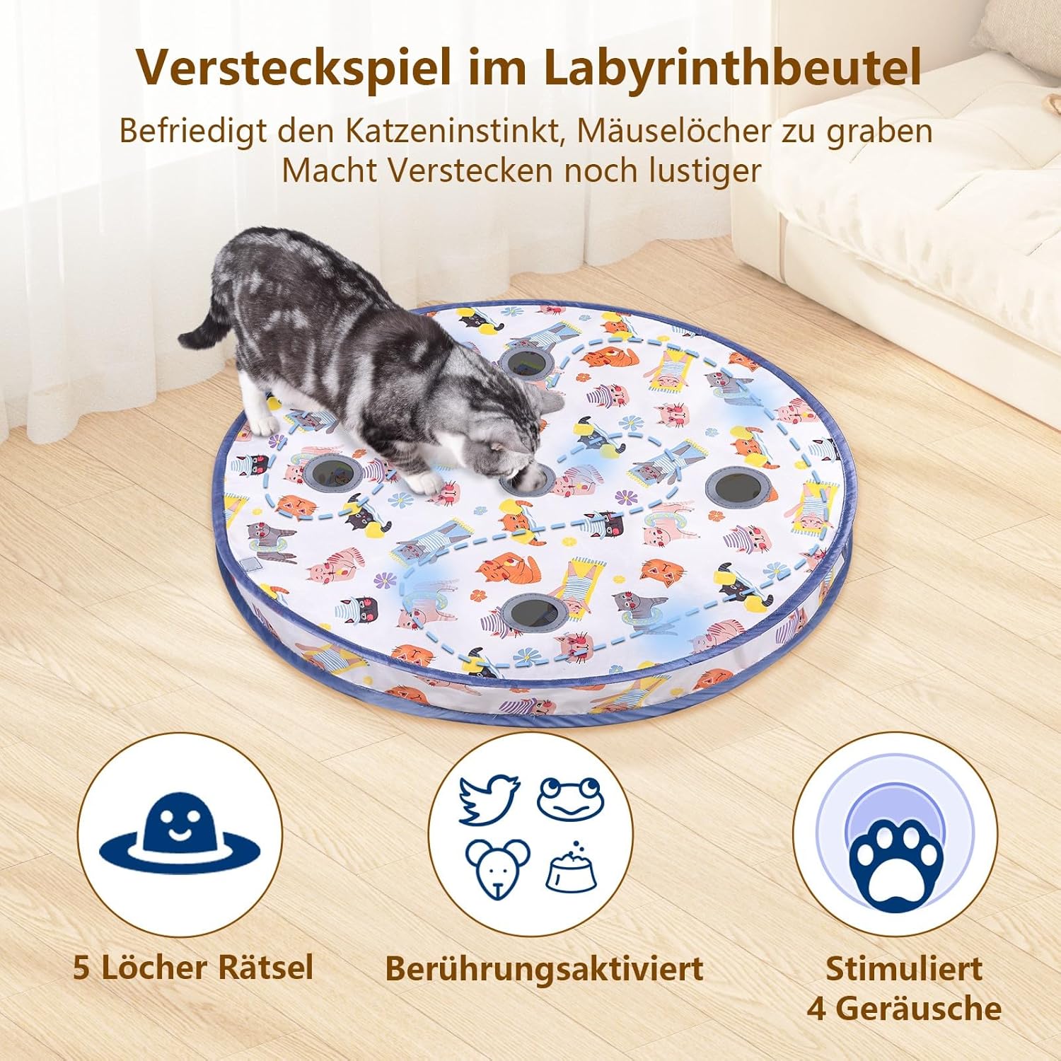 Thumbnail 2 de GoldenSun Katzenspielzeug Bewegungs-Zwitscher-aktivierter Ball mit 5-Loch-Versteckspiel (blau)