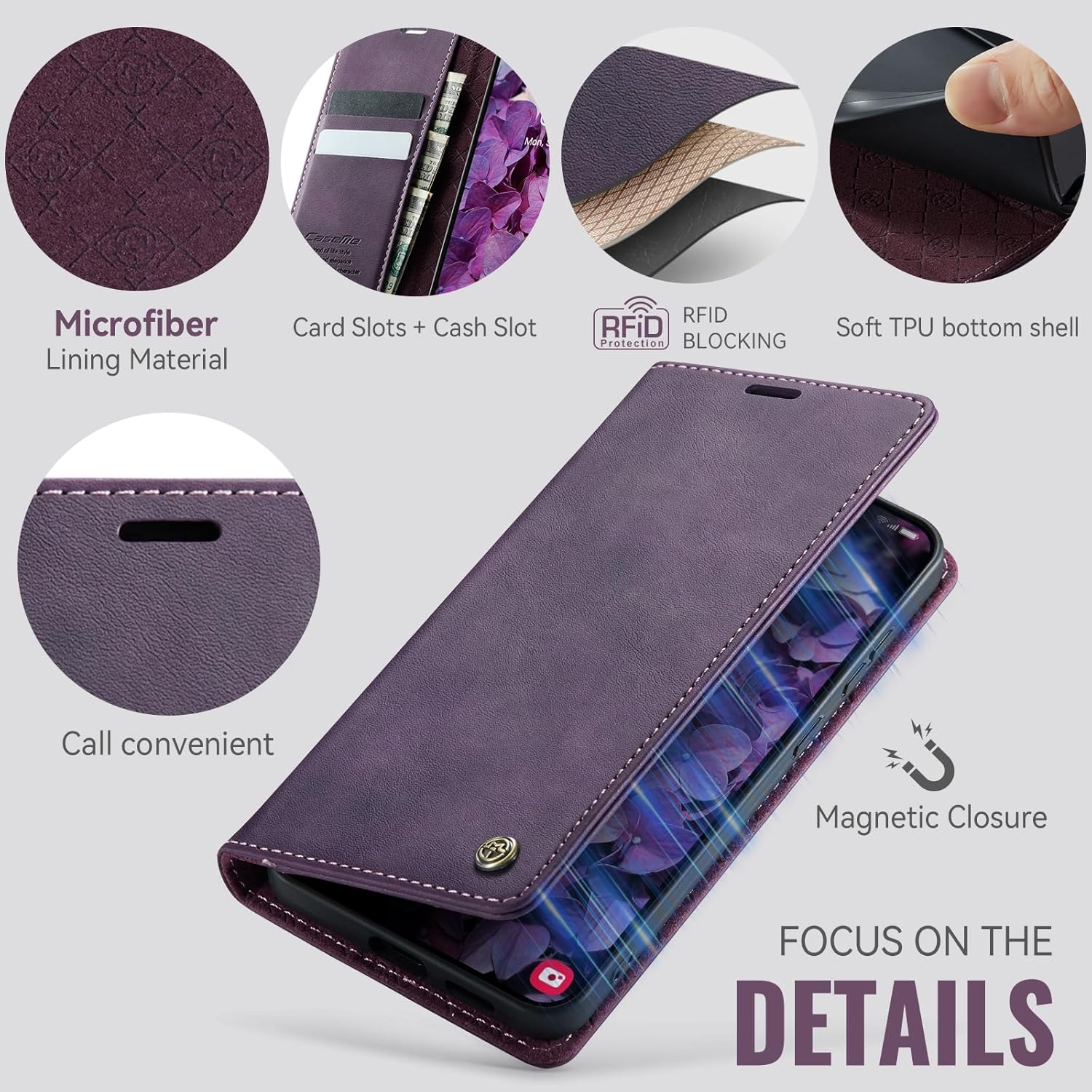 Detalle de Cracedily Wallet Case for Samsung Galaxy S25 Edge – Purple Leather Wallet Flip with RFID Blocking, Card Holder and Kickstand
