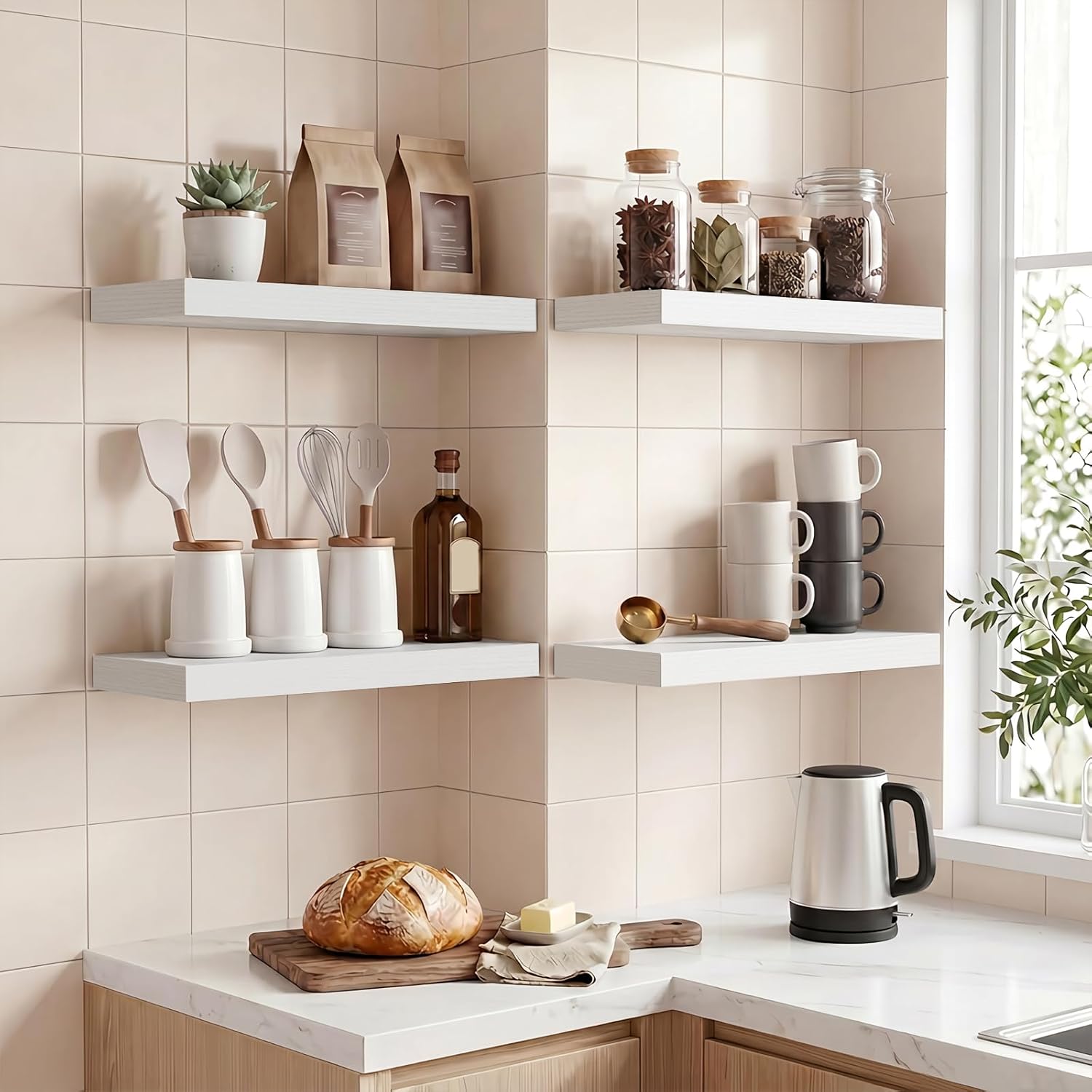 Detalle de Fixwal White Floating Wall Shelves (Set of 4) with Invisible Brackets, 15.8in Rustic Wood Finish