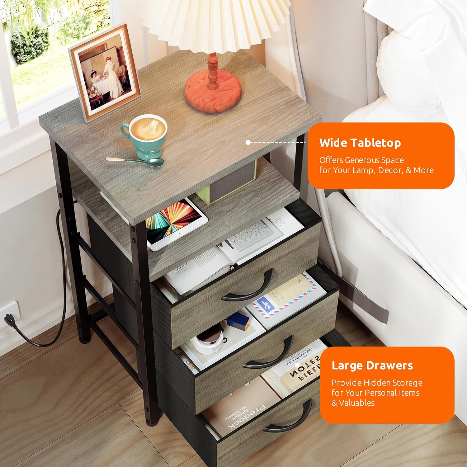 Thumbnail 6 de Lazzanto NightStand Bedside Charging Table with USB-C, USB Ports, and 2 Outlets