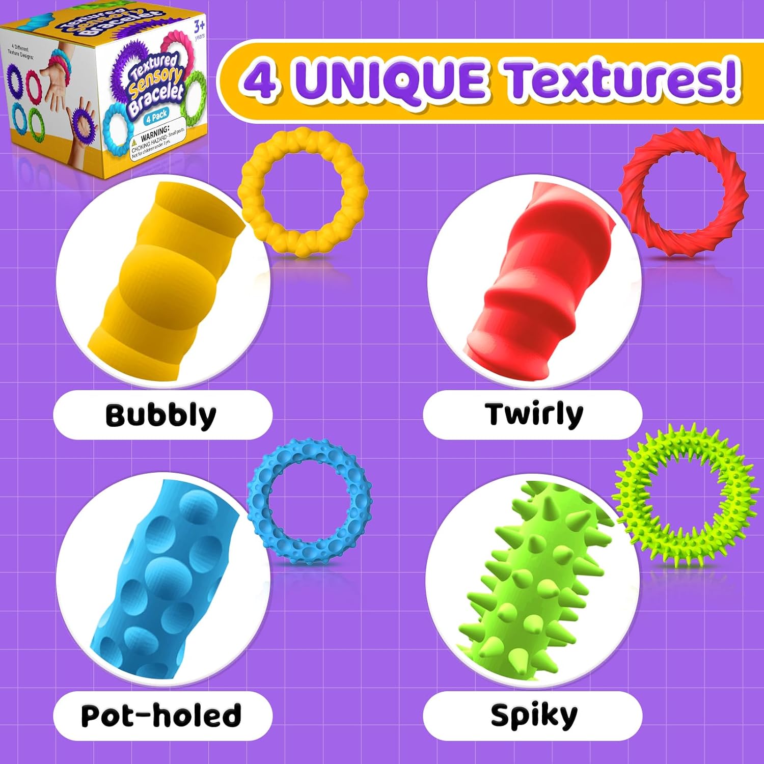 Thumbnail 3 de Sensory Toys Textured Stretchy Fidget Bracelets, 4-Pack in Assorted Colors