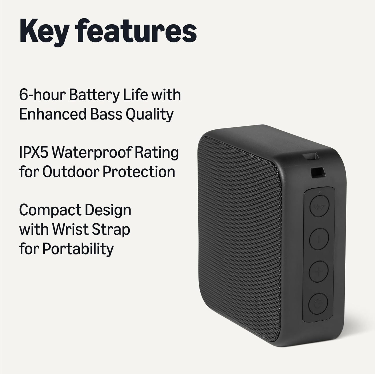 Detalle 2 de Amazon Basics Portable Wireless Bluetooth 5.3 Speaker (Compact, 6h runtime, IPX5) – Black