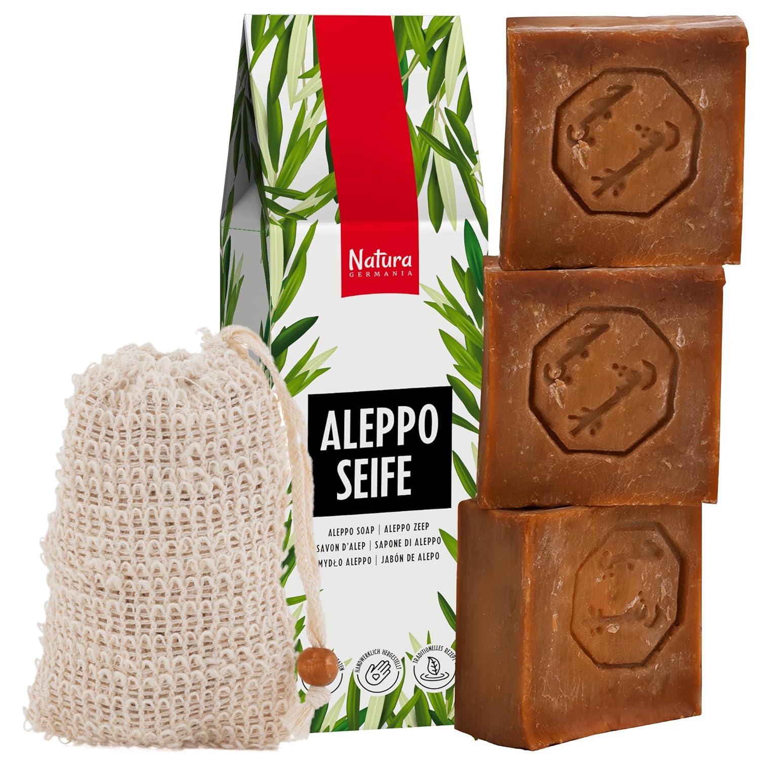 Detalle de Natura Germania Aleppo Seife Set 3x je ca. 200 g – natürliche Kernseife, frei von Chemie