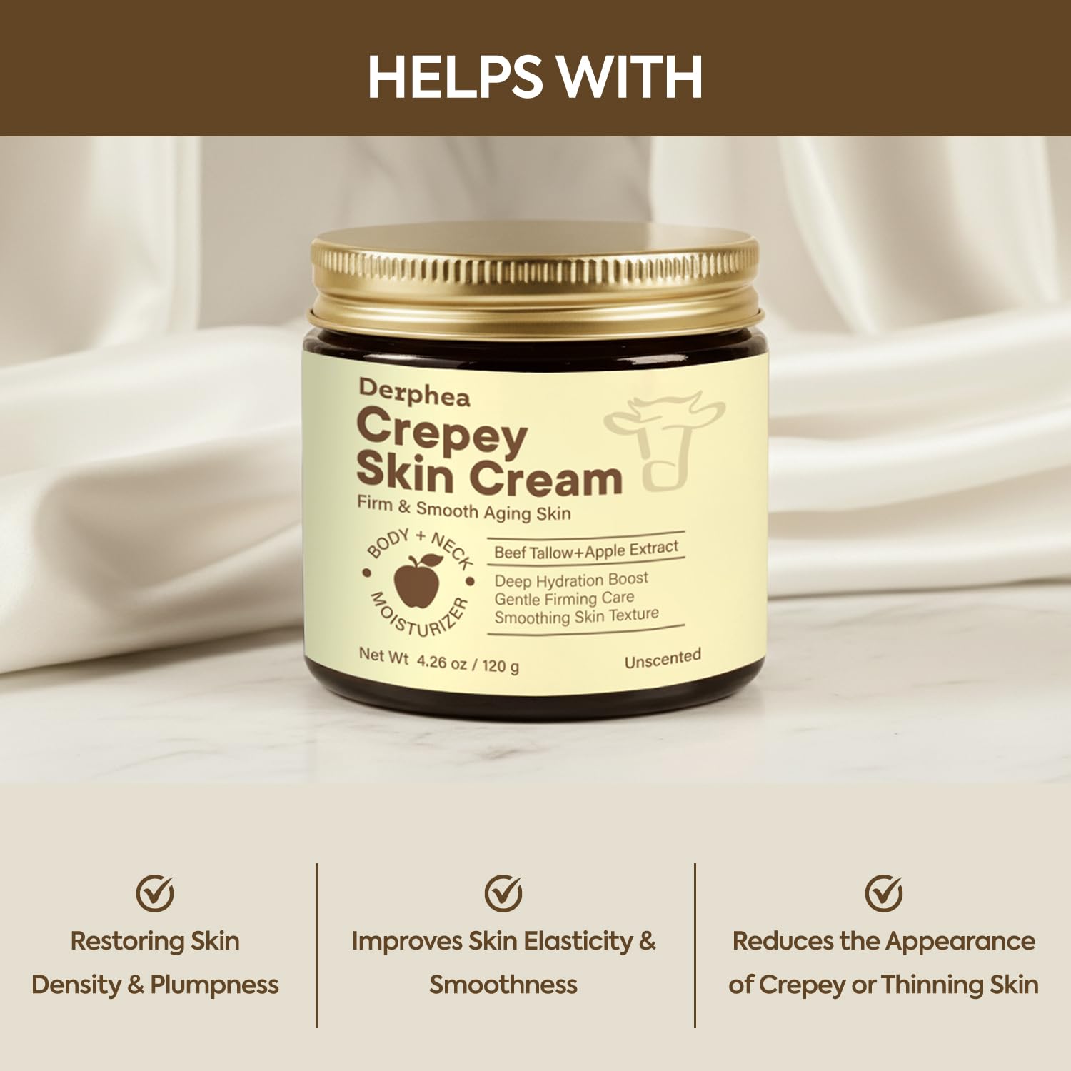 Thumbnail 5 de DERPHEA Crepey Skin Repair Treatment Cream (Beef Tallow, Soluble Collagen & Apple) — Unscented Crepe-Fix for Neck, Arms & Body