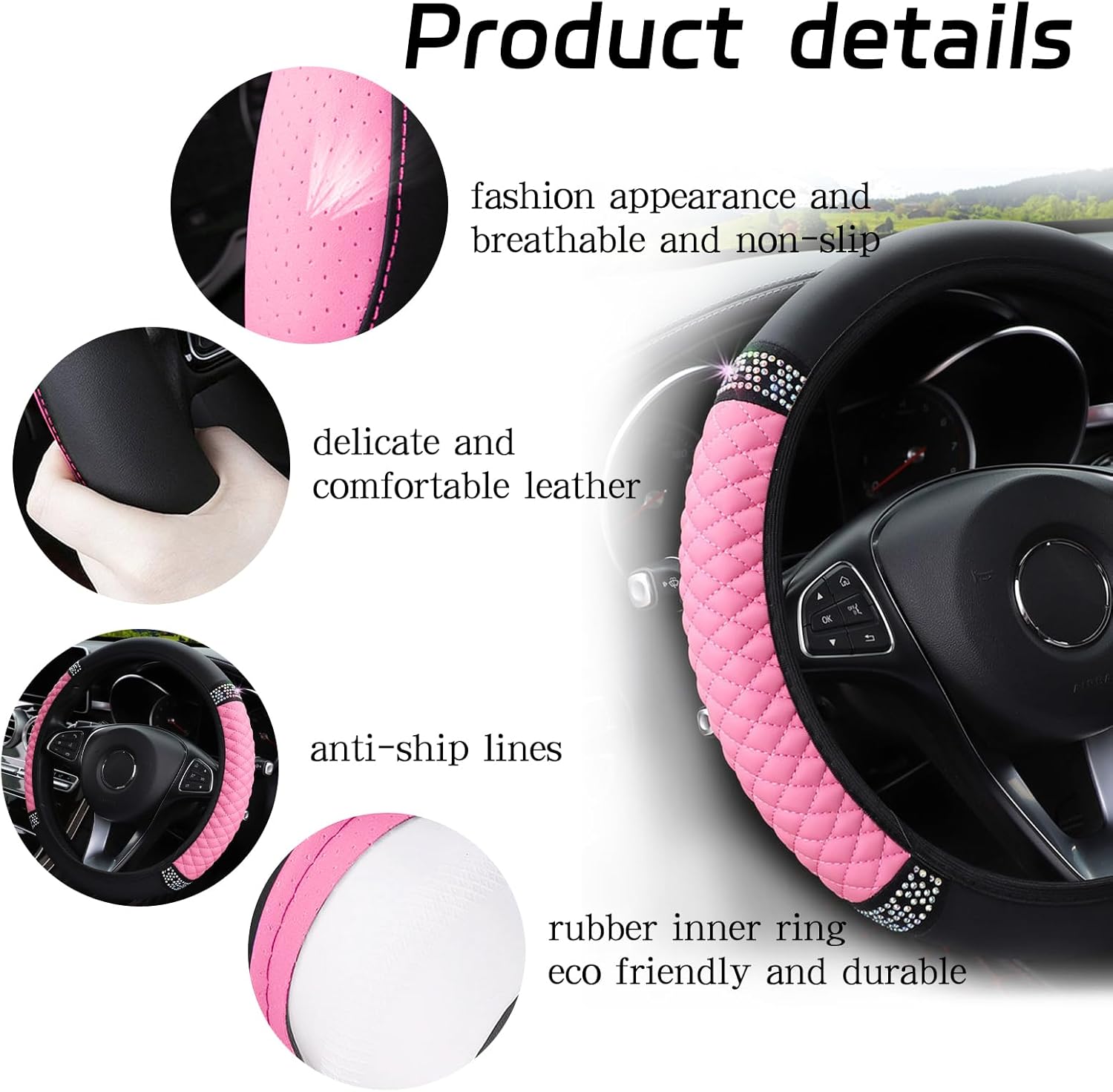 Thumbnail 2 de VidFair Steering Wheel Cover, Universal Size M (37–38 cm) in Pink with Bling Crystals