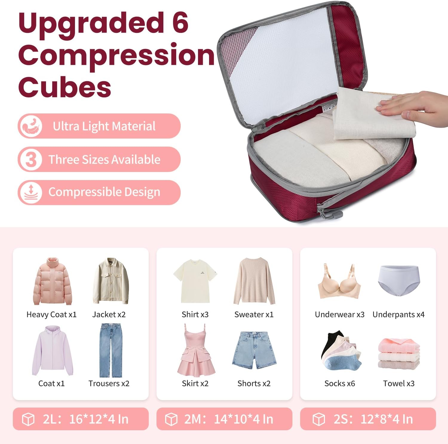 Thumbnail 1 de Prezon Versatile 6-Set Compression Hollow Packing Cubes with Full Open Visible Design (Burgundy)