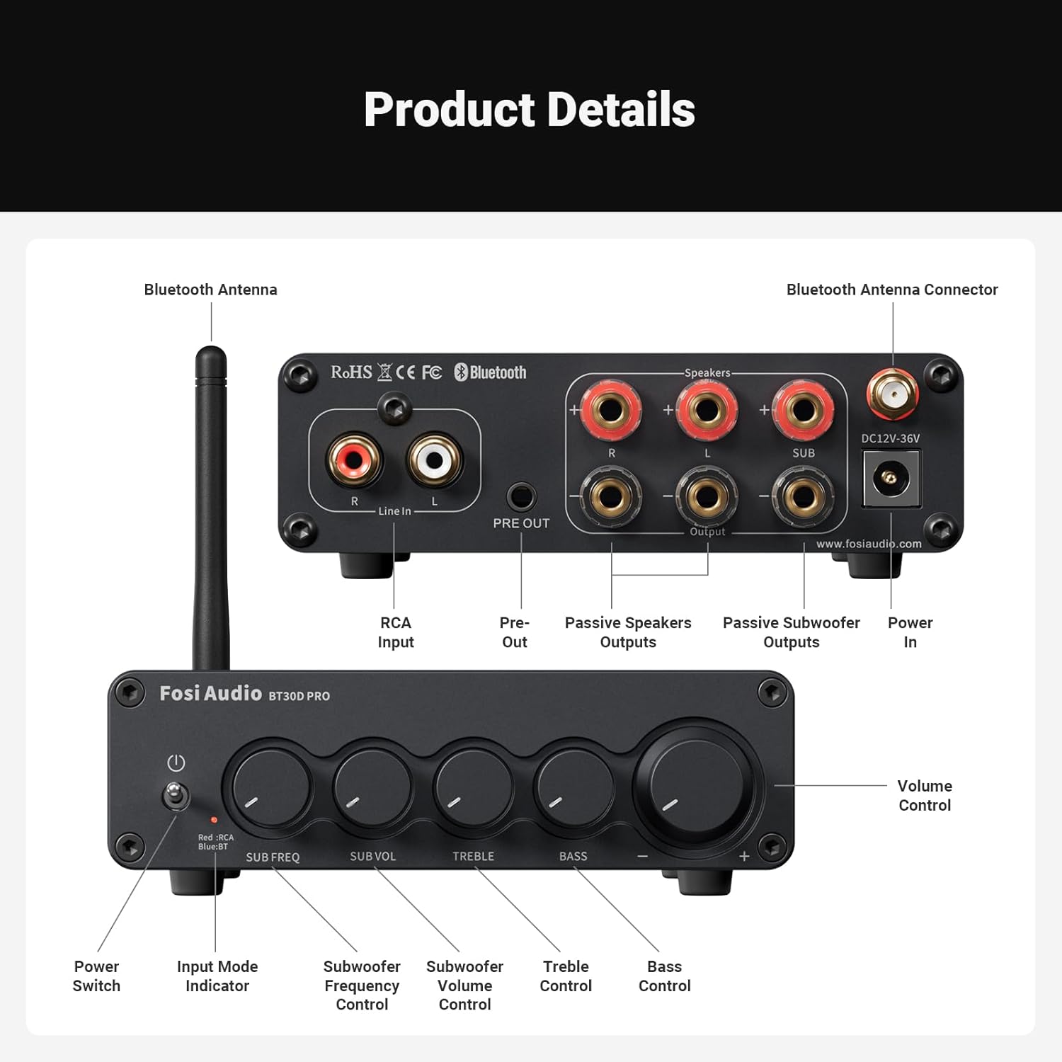 Detalle 2 de Fosi Audio BT30D Pro mini amplificateur Bluetooth 2.1CH (TPA3255, 165 W x2 + 350 W) pour enceintes d’extérieur et caisson
