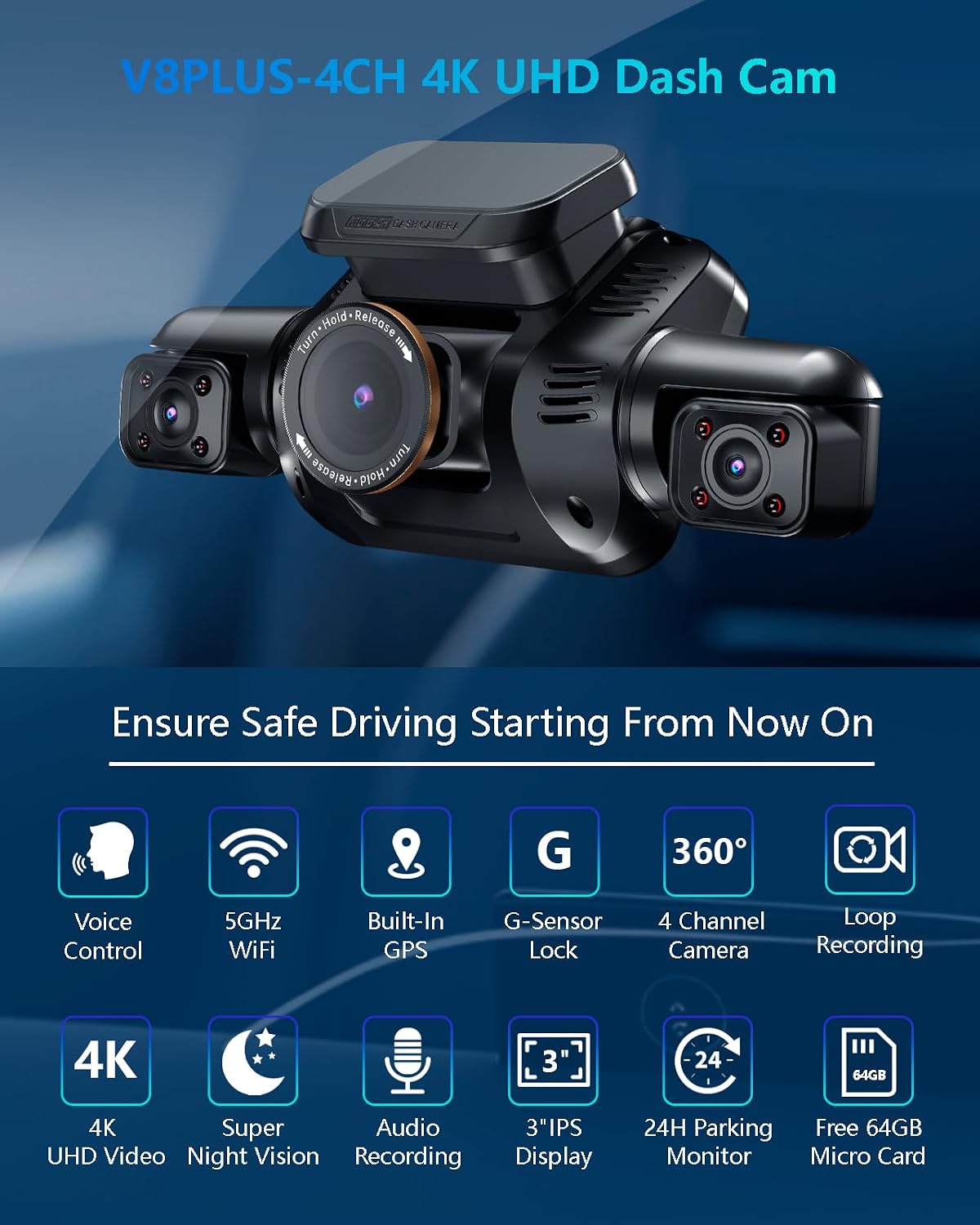Thumbnail 2 de V8Plus 3K Dash Cam 4‑channel with 64GB SD