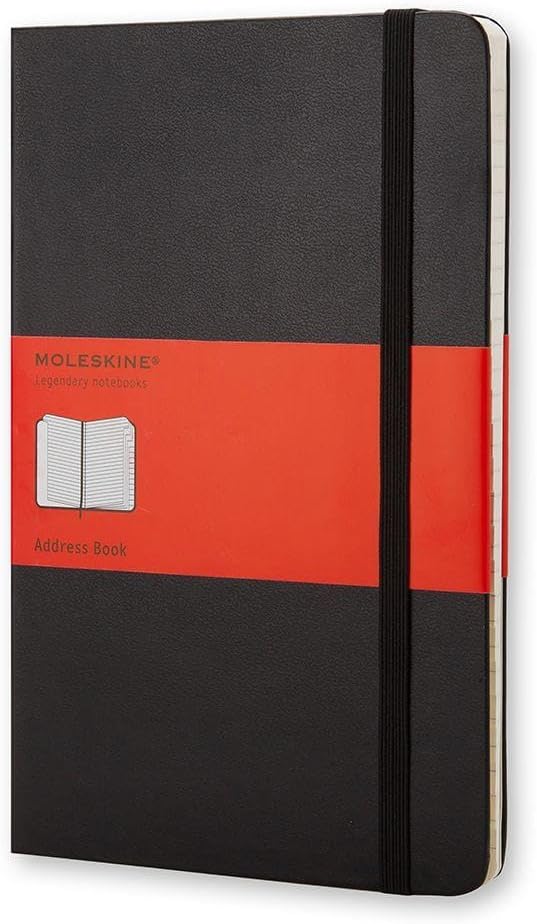 Detalle de Moleskine Rubrica Grande Copertina Rigida Nero: rubrica a righe con etichetta 'in case of loss' (13x21 cm)