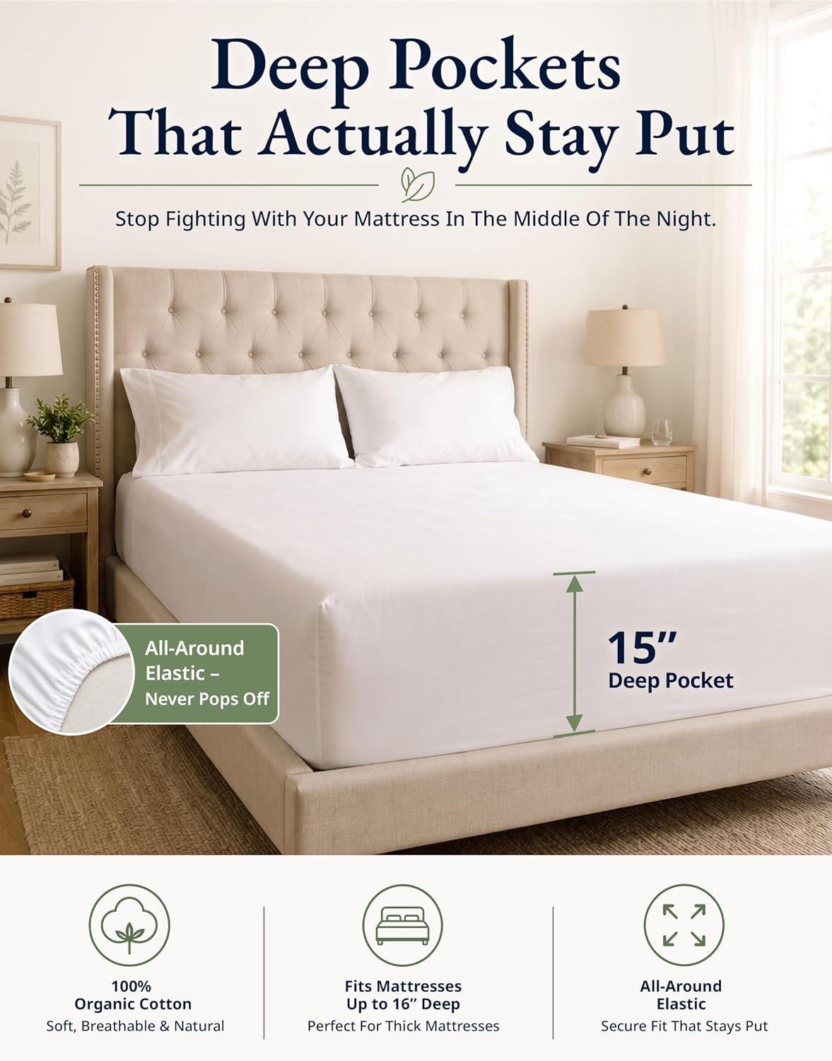 Thumbnail 2 de LANE LINEN Fitted Sheet Double – 100% Organic Cotton, Deep Pocket, 2 Pillowcases