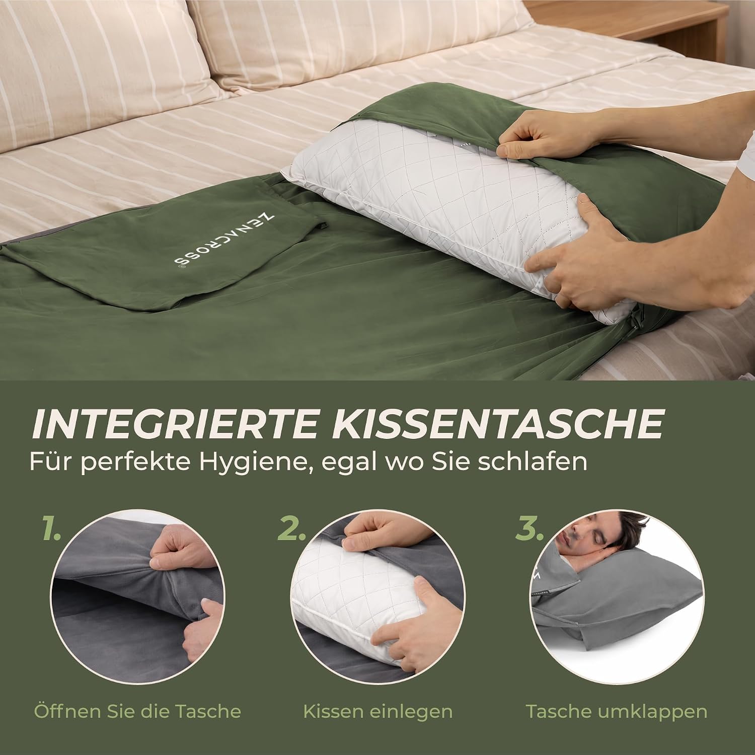 Detalle 2 de ZENACROSS Hüttenschlafsack Ultraleicht Mikrofaser – Schlafsack-Inlett mit integriertem Kissenfach