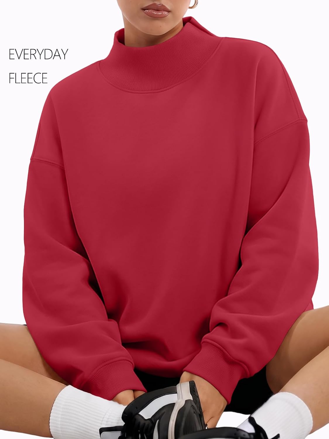 Detalle de Trendy Queen Women's Mock Neck Oversized Sweatshirt – Cozy Fleece Pullover for Fall 2026