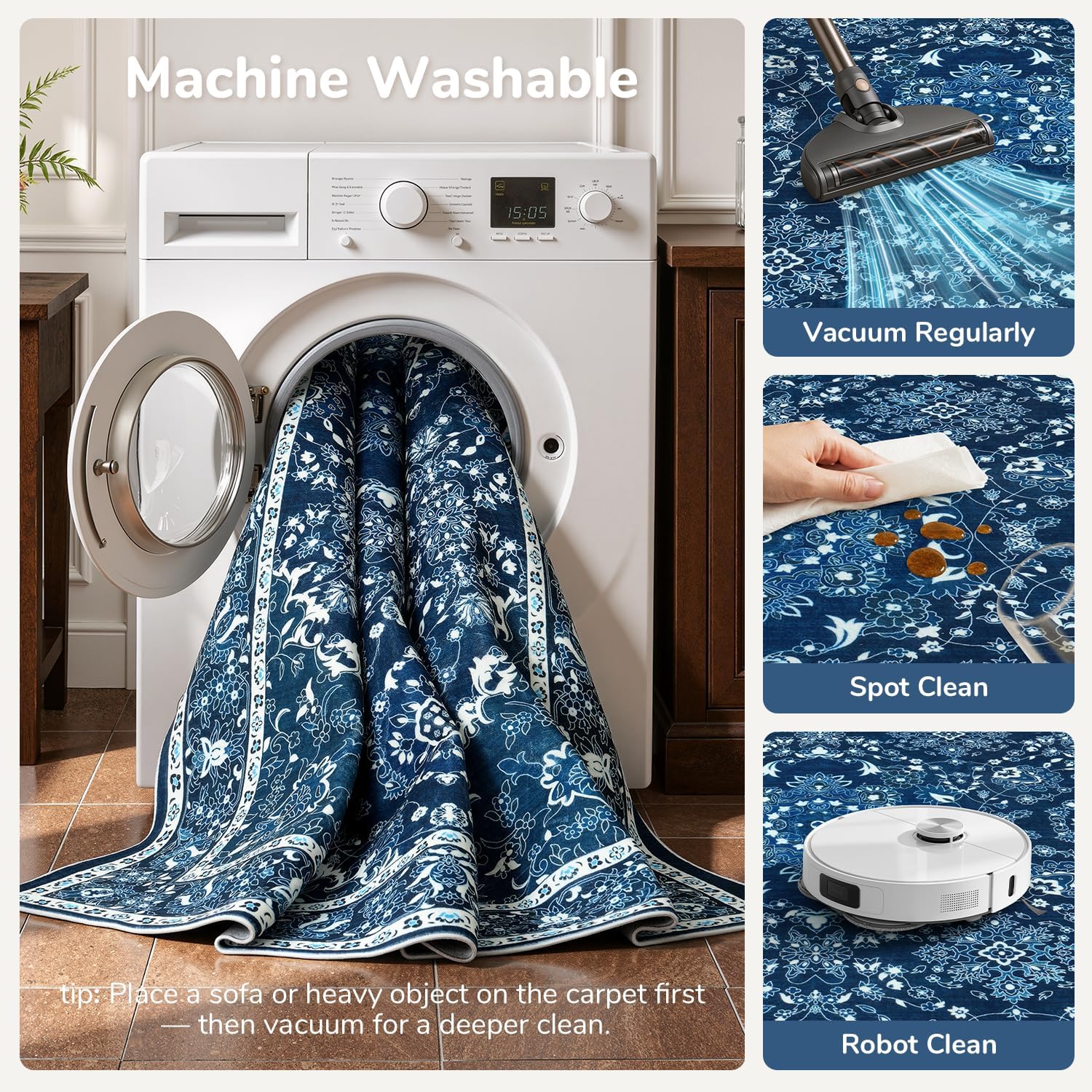 Detalle de Lessymo 9' x 12' Blue Floral Area Rug, Washable Low-Pile Faux Wool