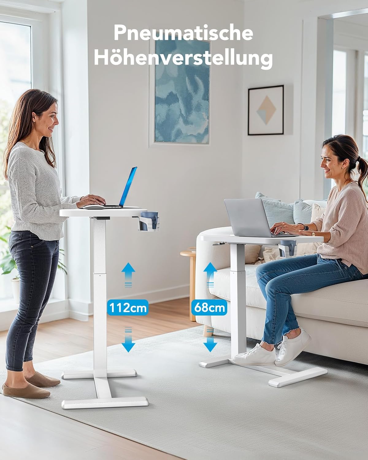 Detalle 2 de HUANUO Beistelltisch mit Rollen – höhenverstellbar, 70 x 40 cm, Becherhalter, mobil für Homeoffice
