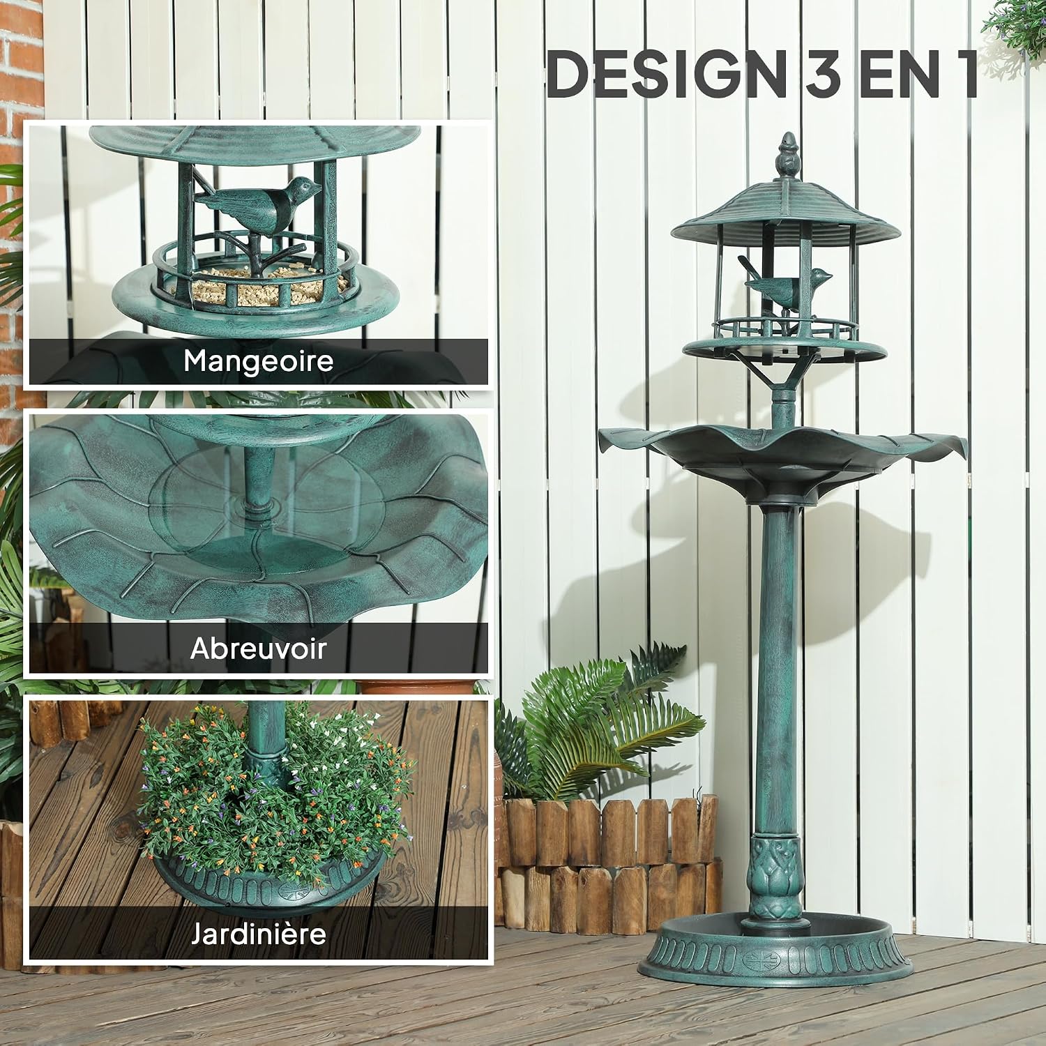 Detalle de Outsunny 844-135V00GN vogelbad 3-in-1, plantenbak en voederplek