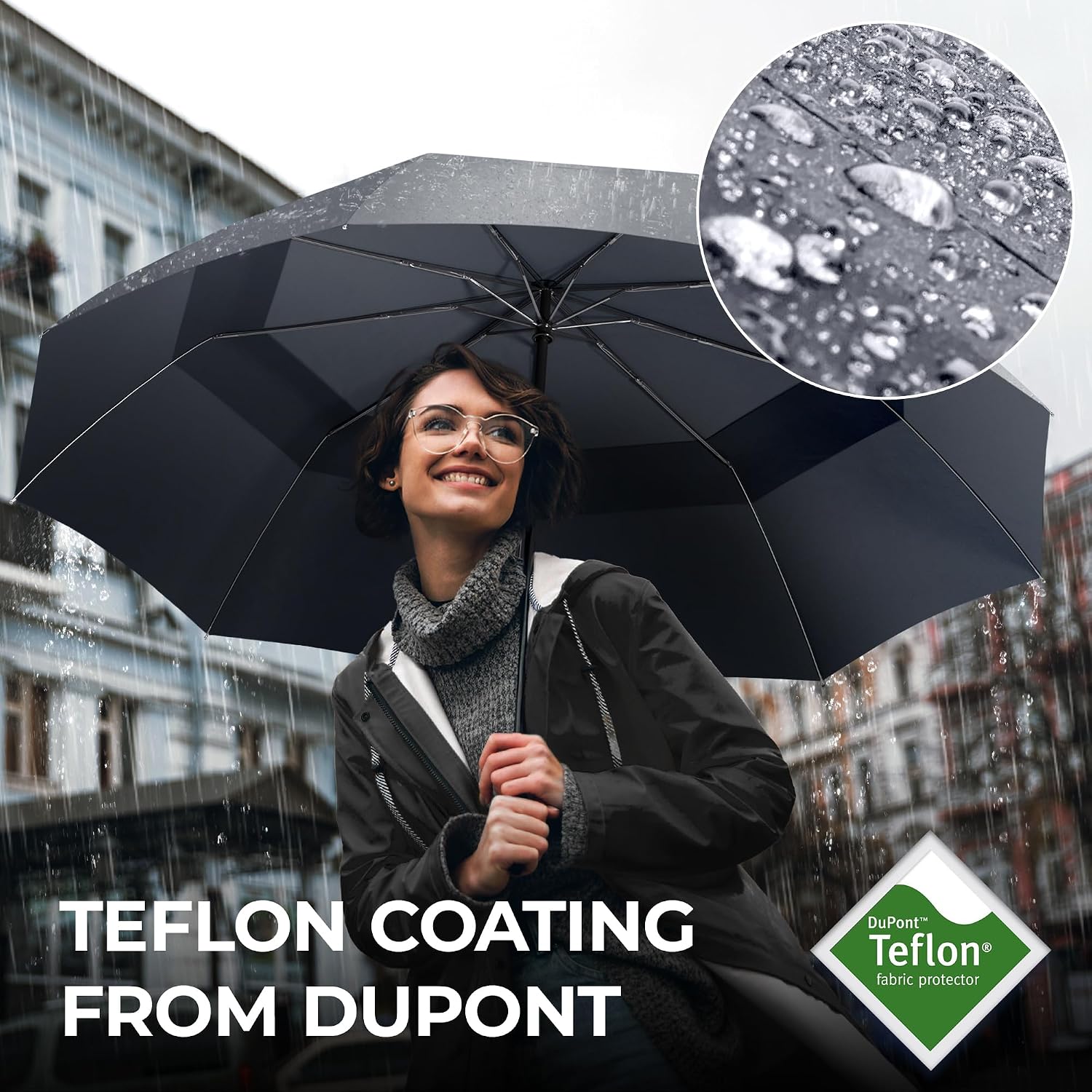Thumbnail 3 de Wilford & Sons Umbrella Windproof Compact (Auto Open/Close) – Double Canopy Travel Brolly, Teflon Water-Resistant, Grey