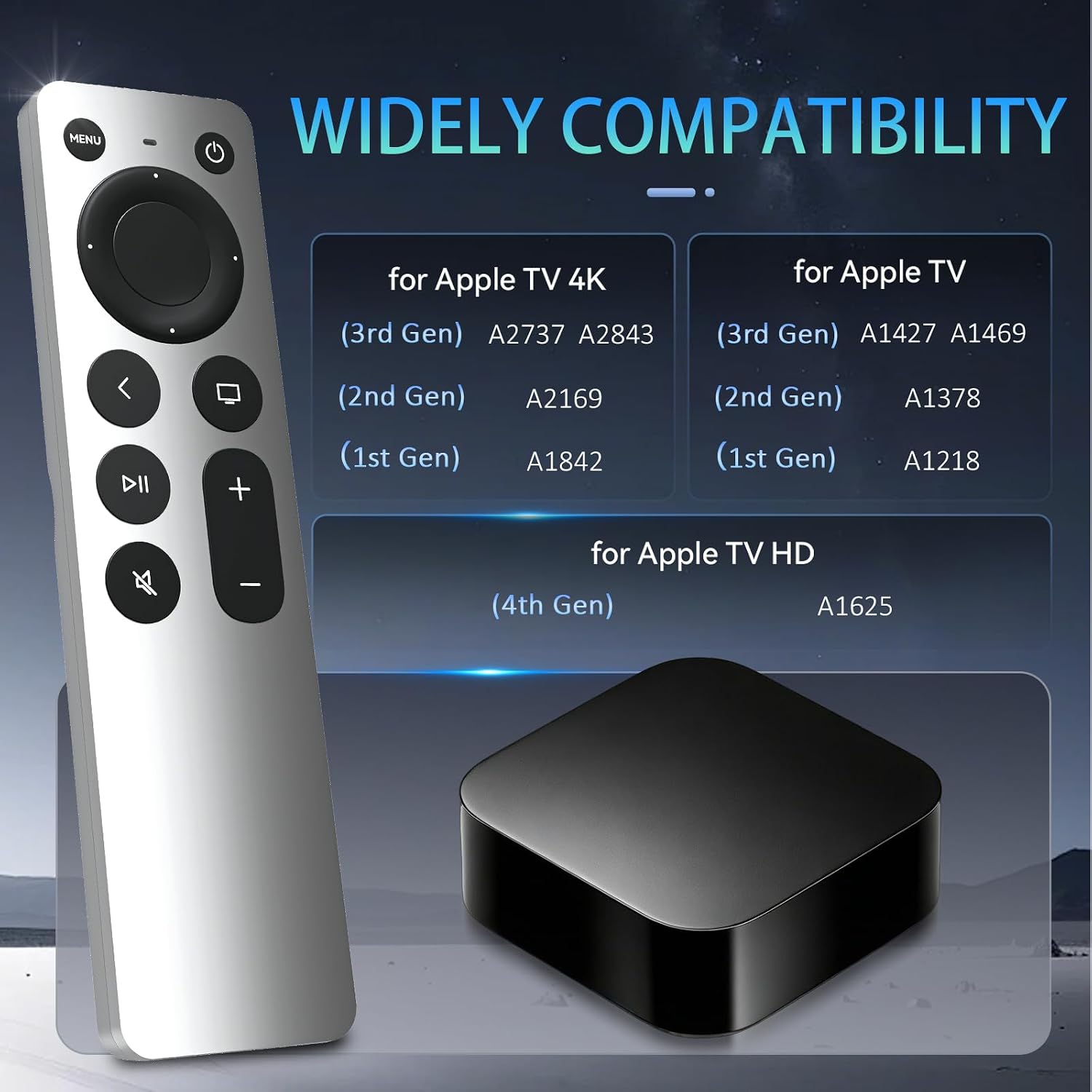Detalle de Universal Replacement for Apple TV Remote: 2-in-1 TV & Apple TV Control (4K/HD Gen 1–3) – Silvery-White