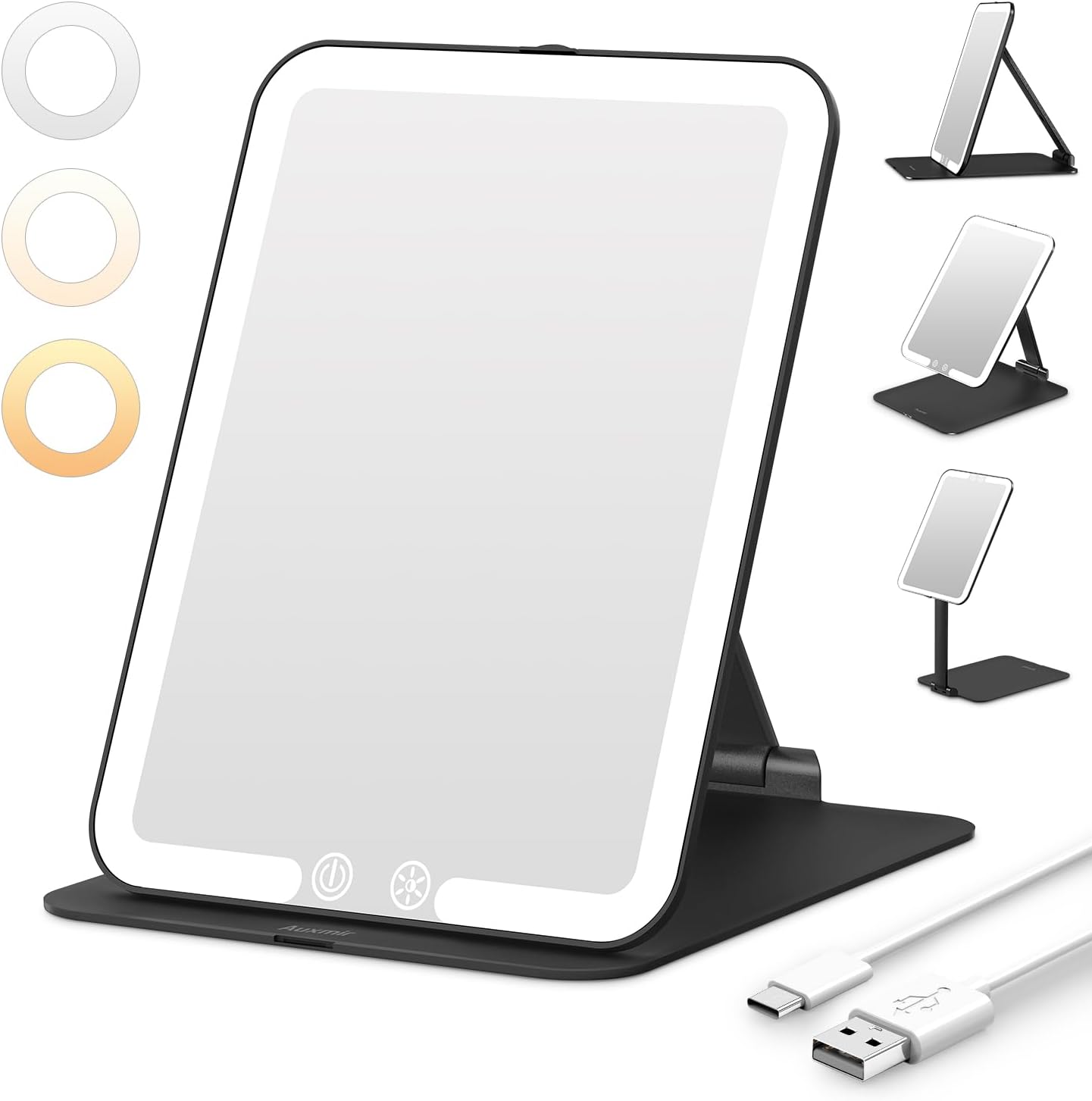 Detalle de Auxmir LED Travel Makeup Mirror with Lights – Portable, Rechargeable and Dimmable