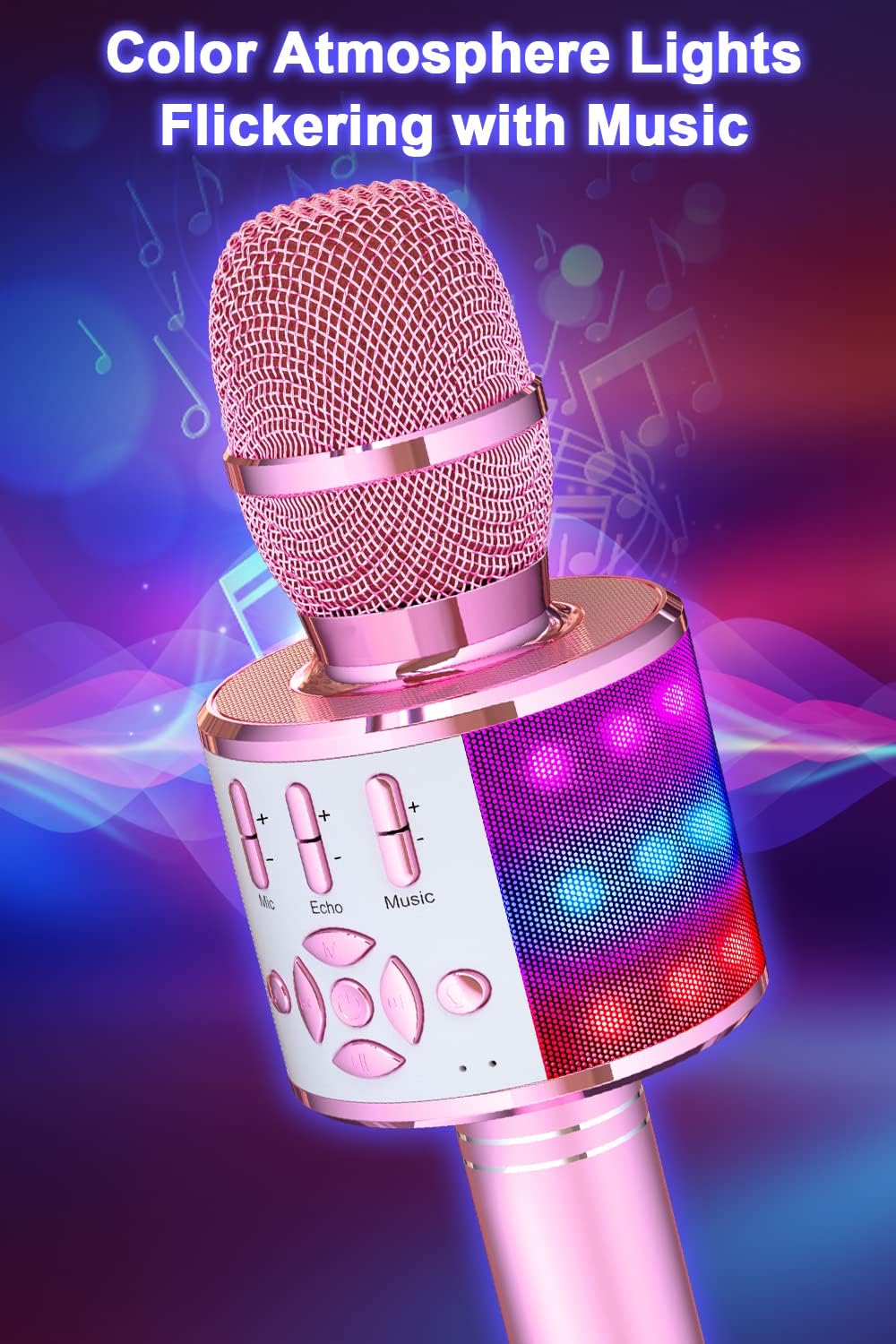 Detalle de BONAOK Magic Sing Karaoke-Mikrofon Bluetooth 4-in-1 (Hellrosa) – kabelloses Kinder- und Party-Karaoke