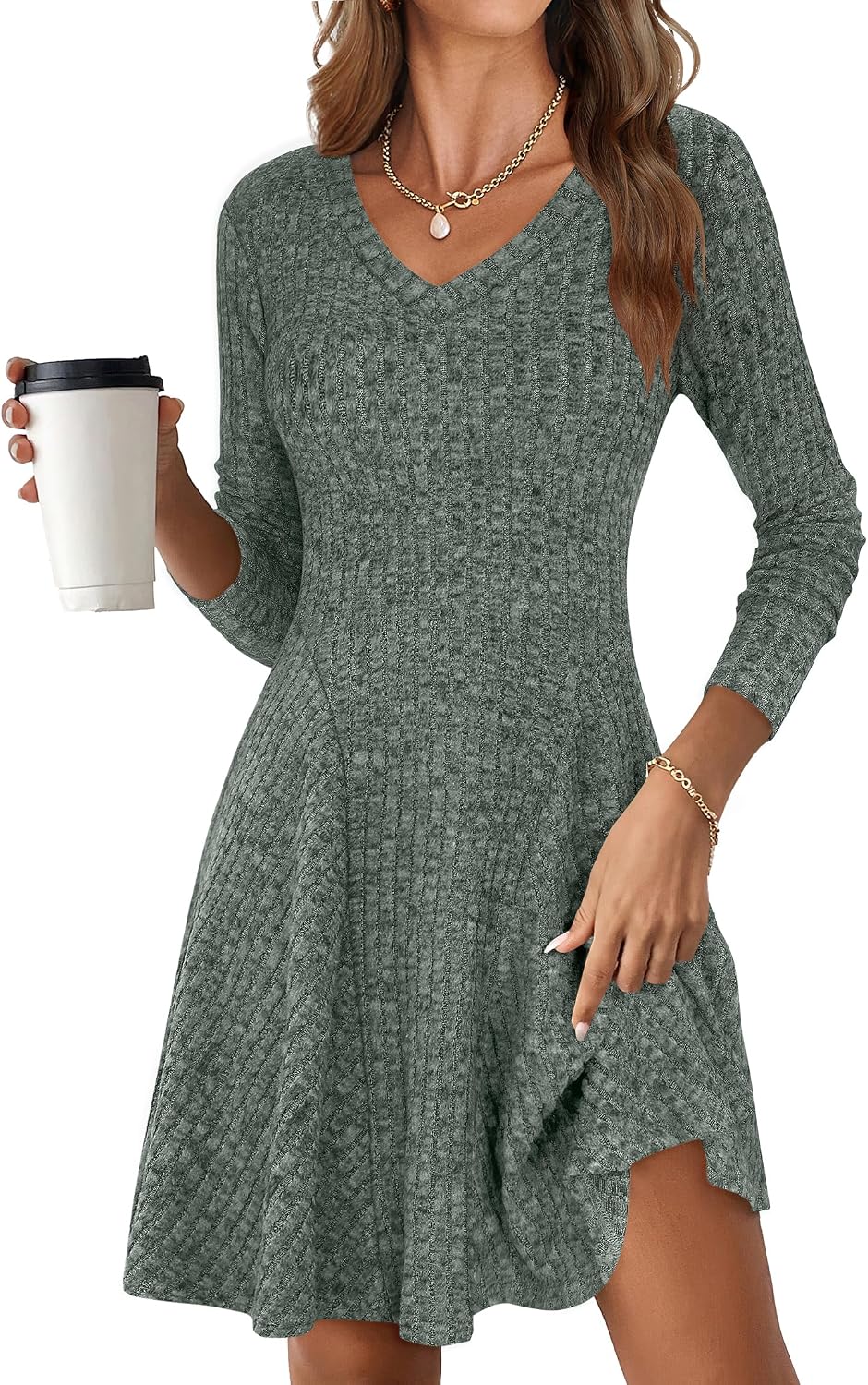 Detalle de ANRABESS Women Ribbed V‑Neck Sweater Dress