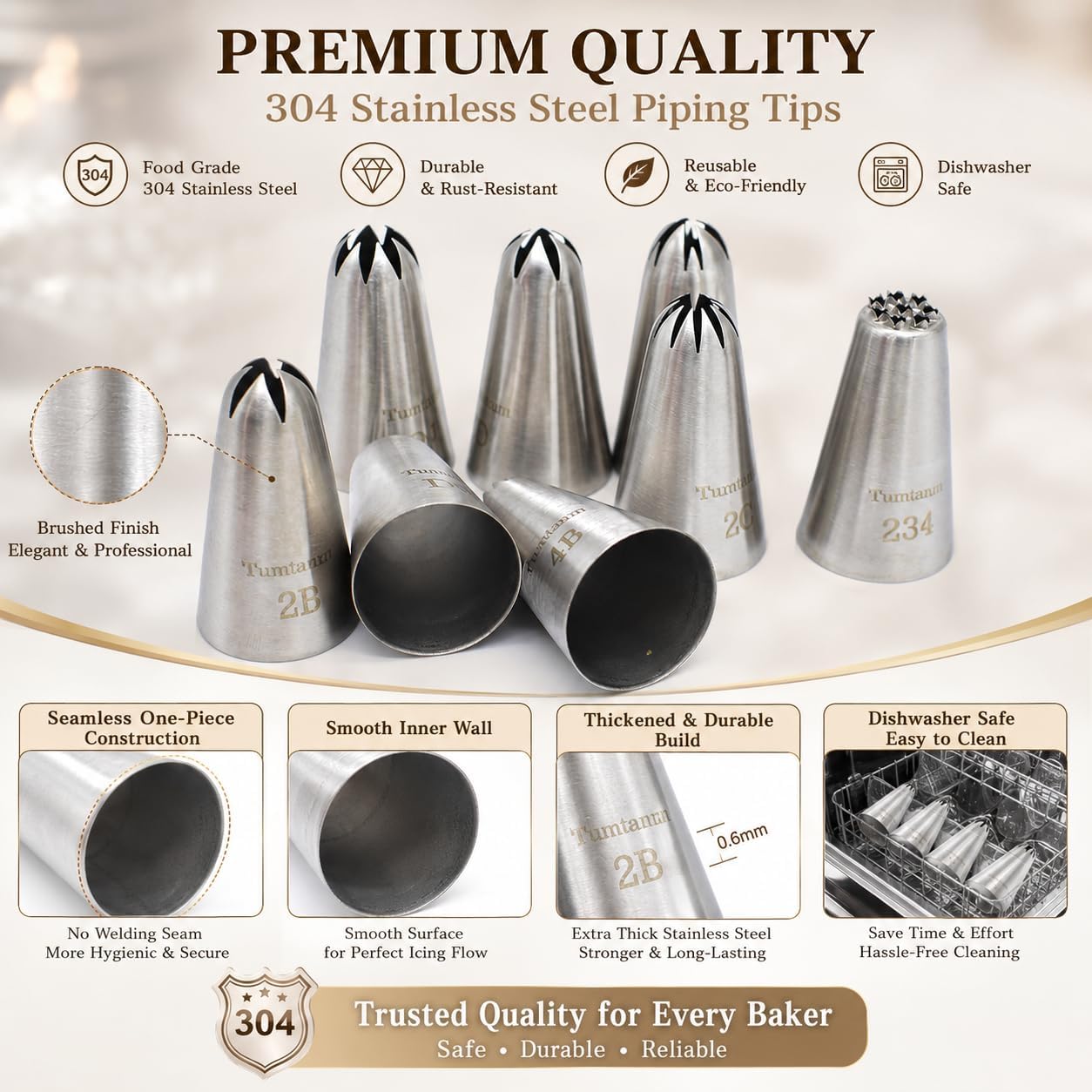 Thumbnail 1 de 8 Pack Large Piping Tips – Seamless Stainless Steel Icing Piping Nozzle Tip Set for Cake Decorating