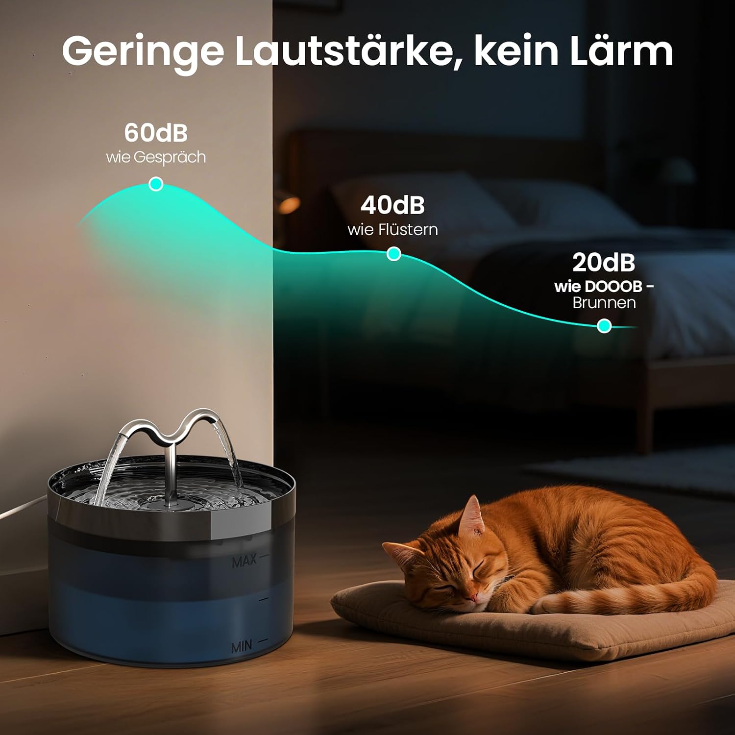 Detalle de DOOOB Katzentrinkbrunnen, 2,1L – Edelstahl, leise Pumpe, inkl. 6 Filter & 6 Schwämme