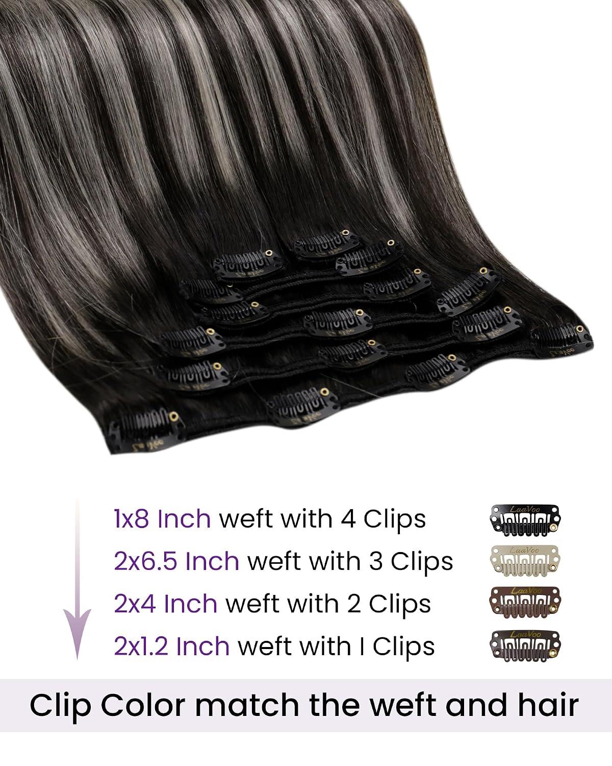 Detalle 2 de LaaVoo 18-Inch Clip-In Human Hair Extensions, 7-Piece, Silver Grey Balayage