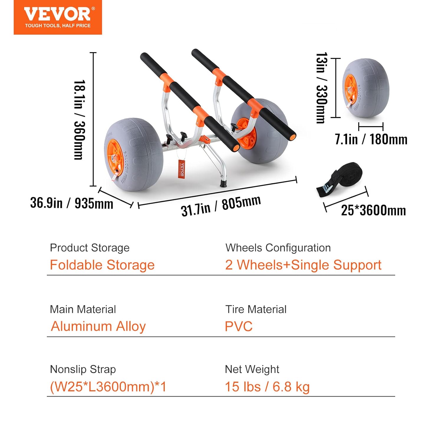 Thumbnail 6 de VEVOR Chariot de Kayak 160 kg – Remorque de transport pliable avec roues 30,5 cm et cadre ajustable