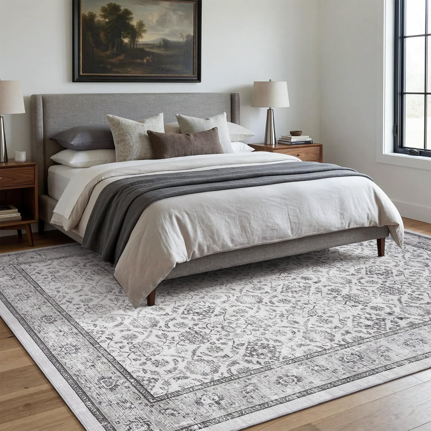 Detalle de RVOLST 8x10 ft Floral Vintage Area Rug, Grey Polyester, Machine Washable