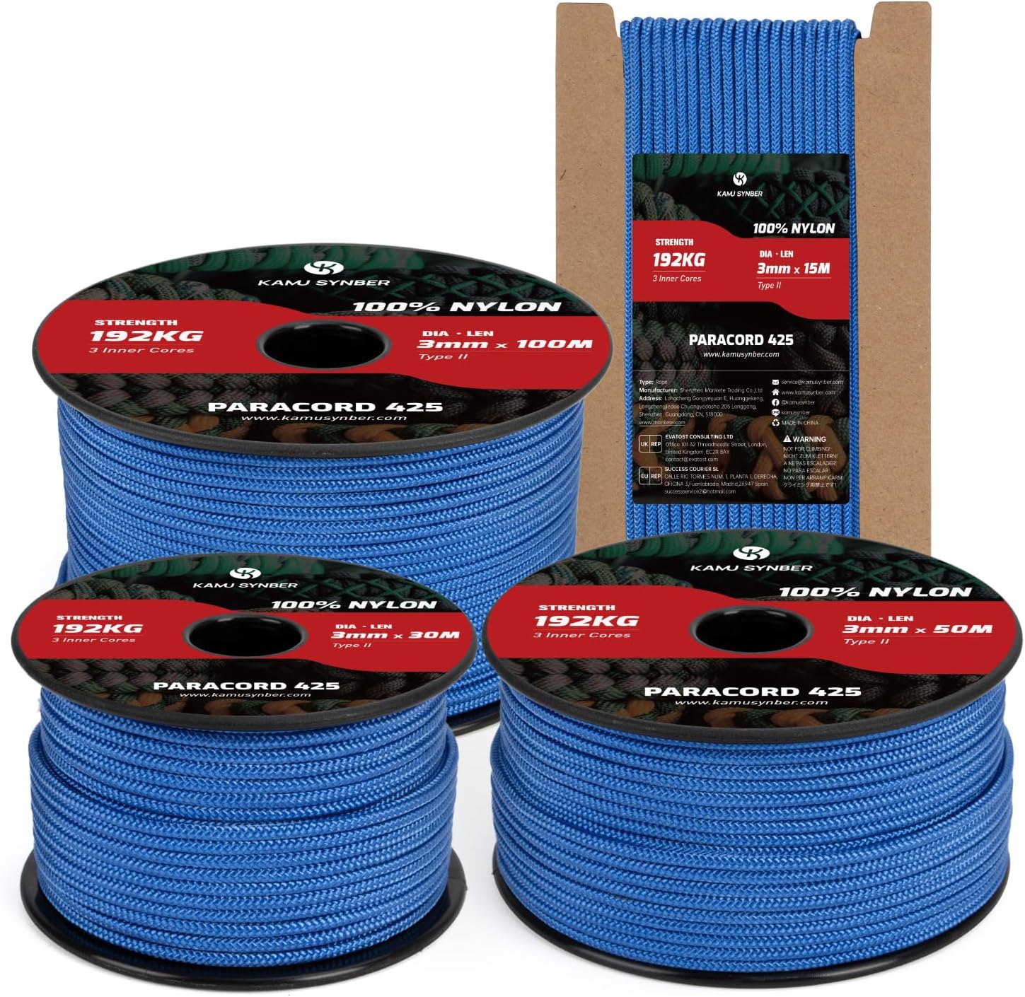 Detalle de Kamu Synber Paracord 3mm x 100m Paracord 425 – 192 kg Tragkraft, Dunkelblau