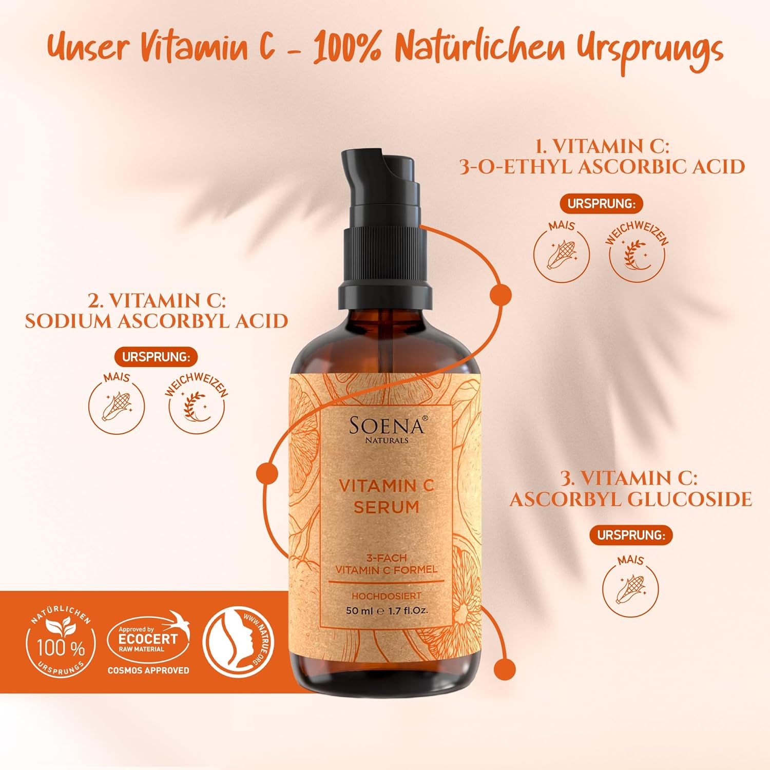 Detalle de Soena Bio-Vitamin C Serum hochdosiert mit Hyaluron-Komplex (vegan) für das Gesicht