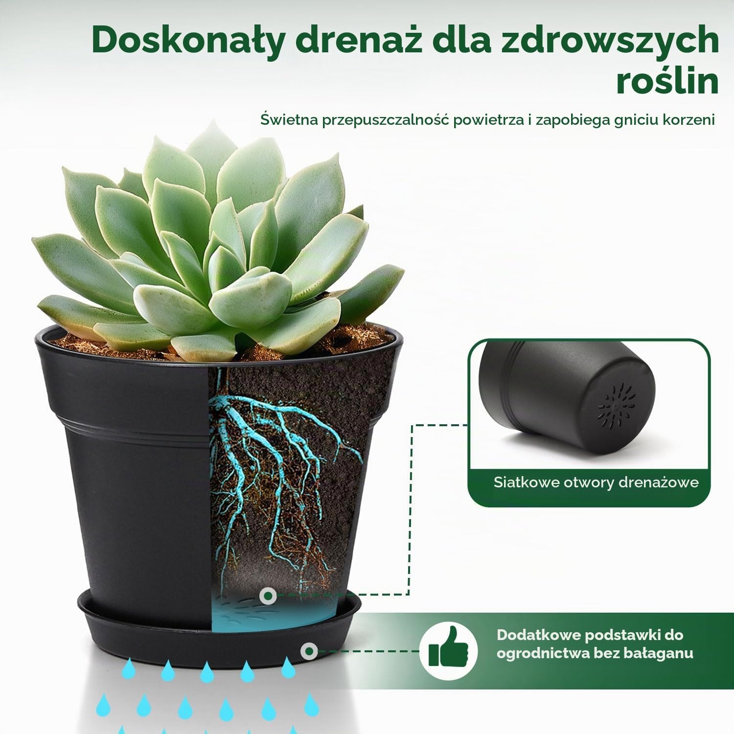 Detalle 2 de T4U czarne doniczki plastikowe 16 cm, 6 sztuk z podstawkami i drenażem