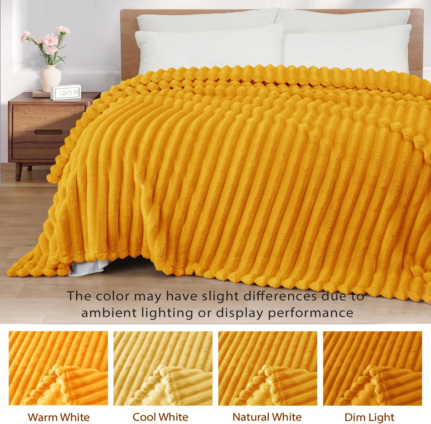 Thumbnail 2 de Exclusivo Mezcla fleece throw blanket for sofa, super-soft striped jacquard 127x152 cm in mustard yellow
