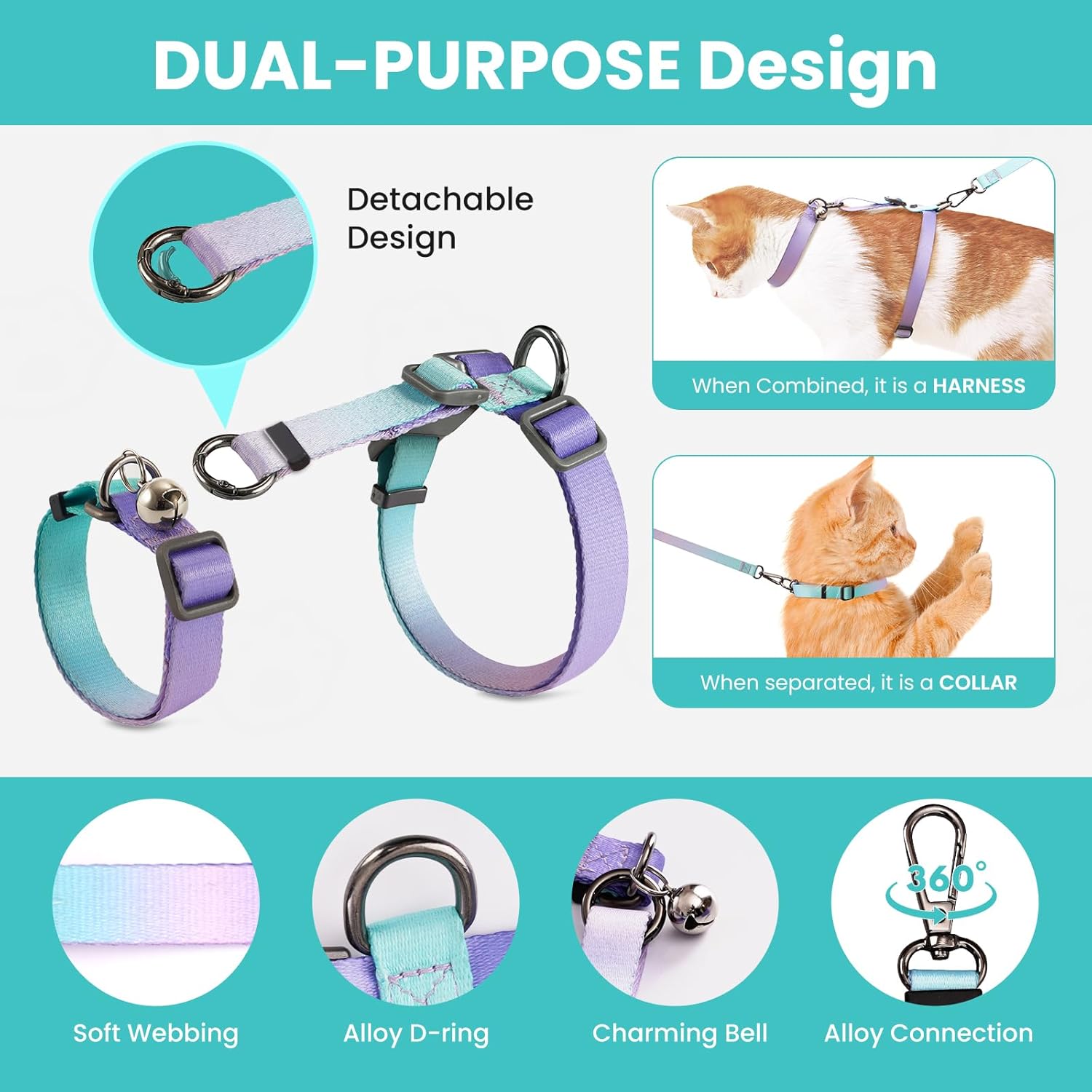 Thumbnail 4 de Yingphia Cat Harness and Leash Set (Escape Proof) – 4 in 1 detachable, adjustable walking and travel kit, size M, Sky Blue
